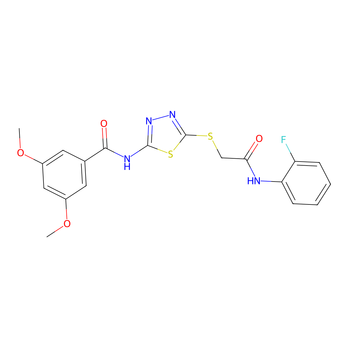 N-(5-((2-((2-fluorophenyl)amino)-2-oxoethyl)thio)-1,3,4-thiadiazol-2-yl)-3,5-dimethoxybenzamide molecular structure, CAS 392298-72-5