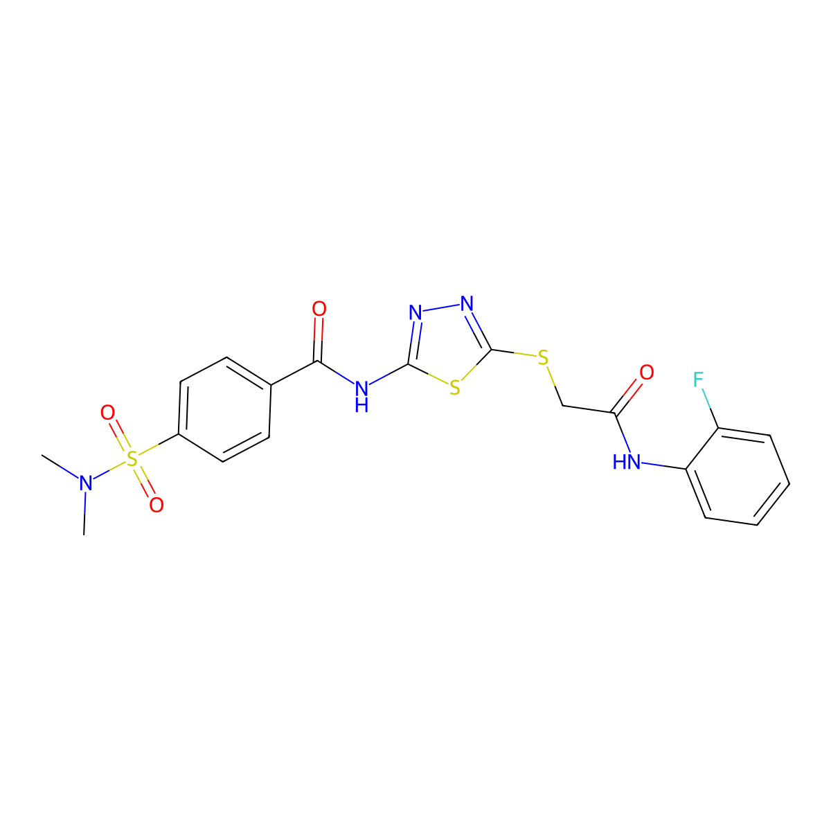 4-(dimethylsulfamoyl)-N-[5-[2-(2-fluoroanilino)-2-oxoethyl]sulfanyl-1,3,4-thiadiazol-2-yl]benzamide molecular structure, CAS 392298-76-9