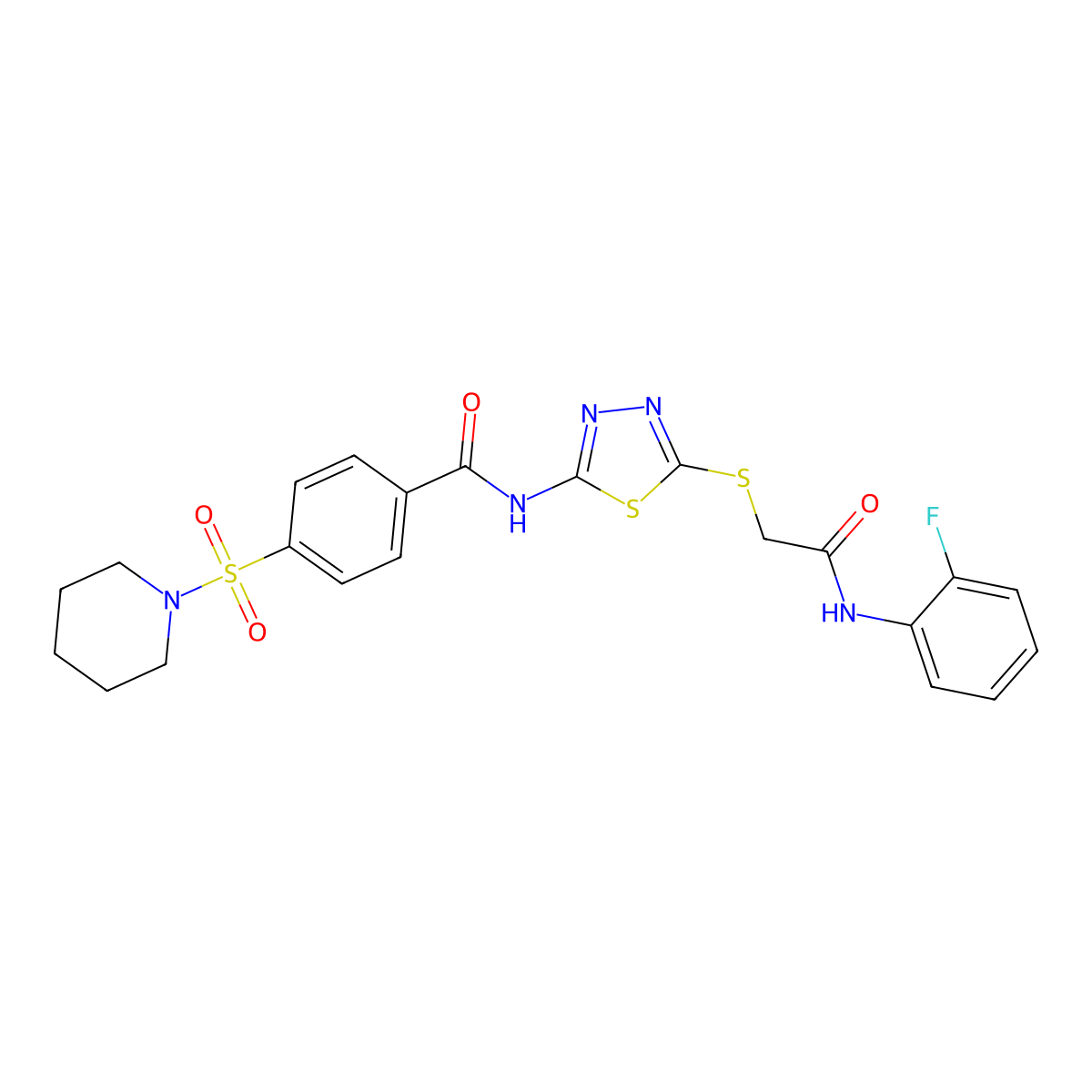 N-[5-[2-(2-fluoroanilino)-2-oxoethyl]sulfanyl-1,3,4-thiadiazol-2-yl]-4-piperidin-1-ylsulfonylbenzamide molecular structure, CAS 392298-78-1