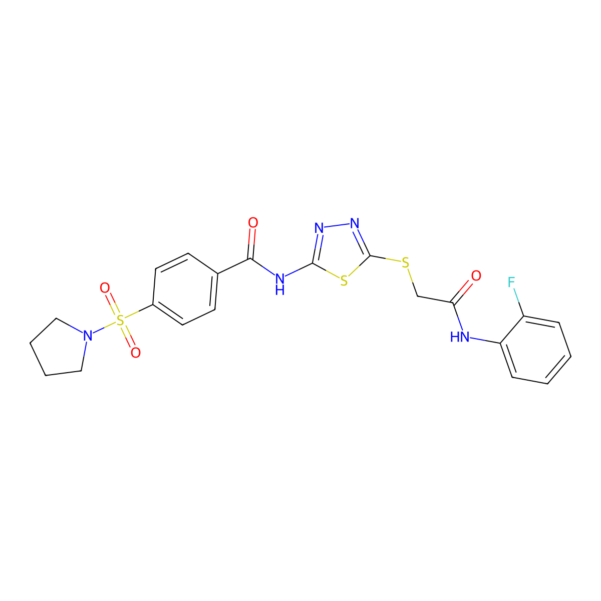 N-(5-((2-((2-fluorophenyl)amino)-2-oxoethyl)thio)-1,3,4-thiadiazol-2-yl)-4-(pyrrolidin-1-ylsulfonyl)benzamide molecular structure, CAS 392298-82-7