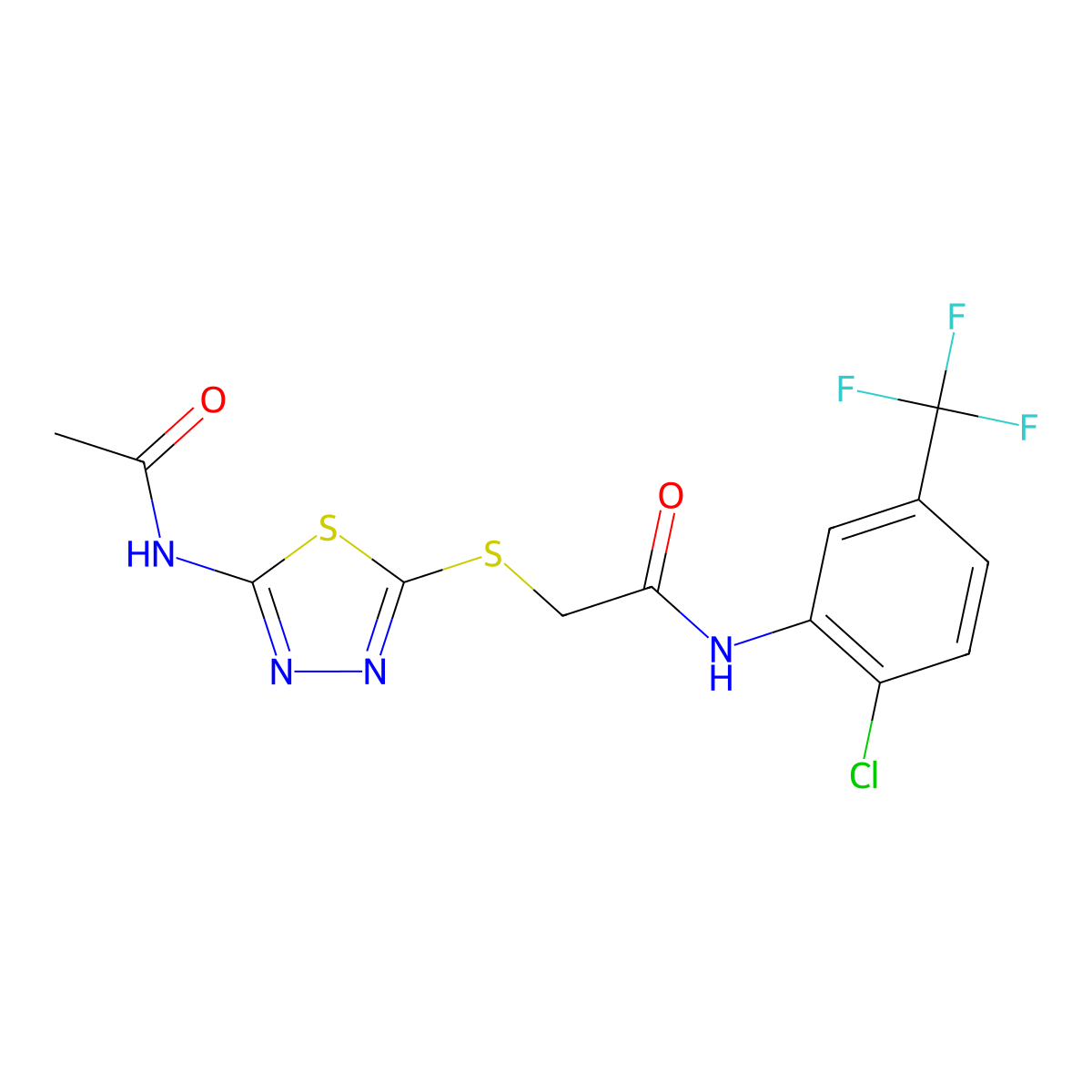 2-((5-acetamido-1,3,4-thiadiazol-2-yl)thio)-N-(2-chloro-5-(trifluoromethyl)phenyl)acetamide molecular structure, CAS 392298-83-8