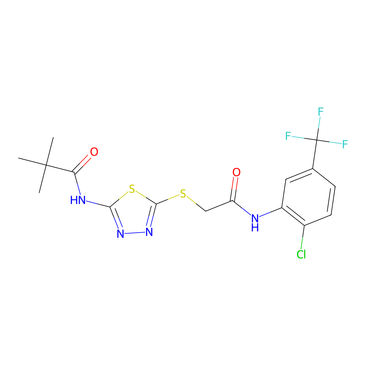 N-(5-((2-((2-chloro-5-(trifluoromethyl)phenyl)amino)-2-oxoethyl)thio)-1,3,4-thiadiazol-2-yl)pivalamide molecular structure, CAS 392298-85-0