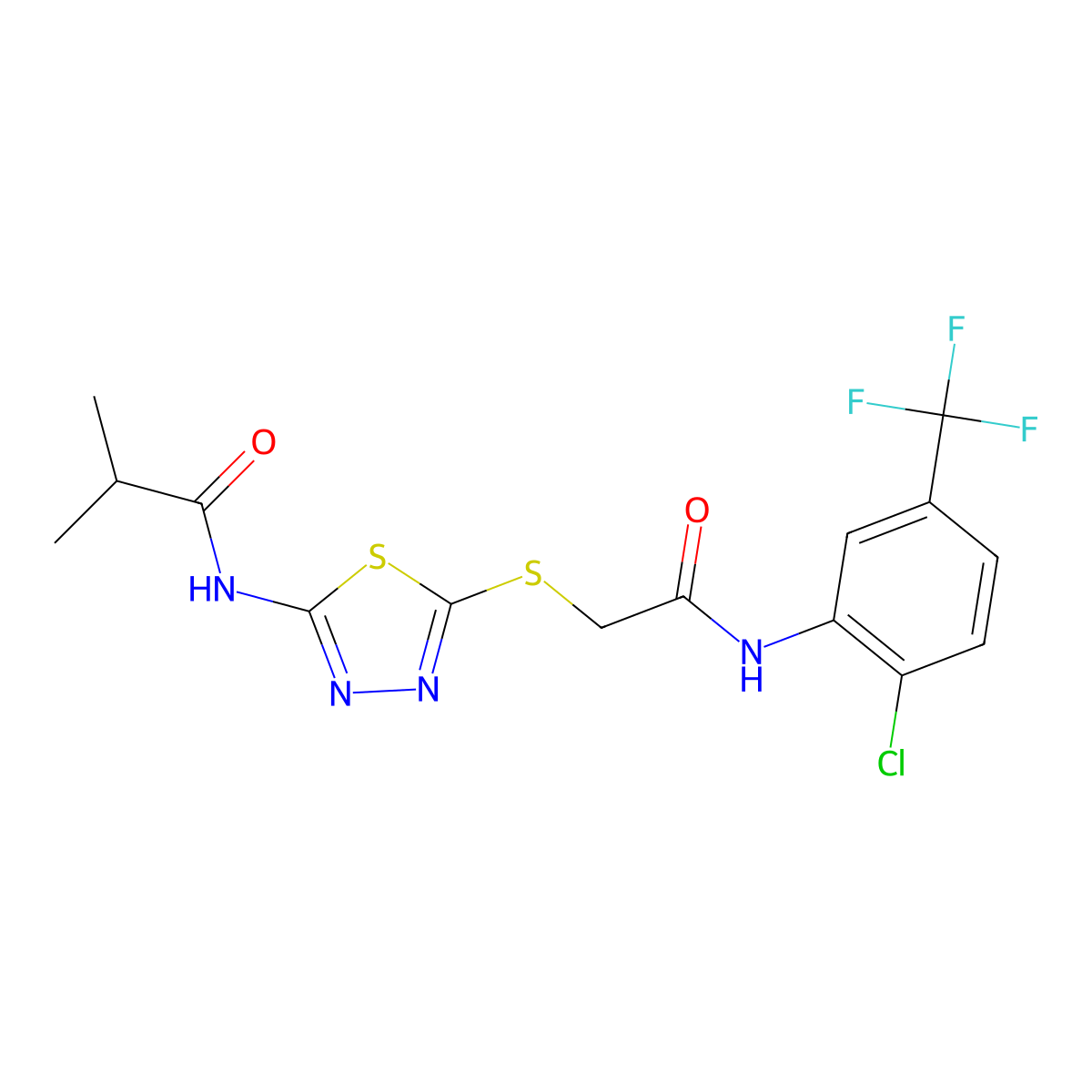 N-(5-((2-((2-chloro-5-(trifluoromethyl)phenyl)amino)-2-oxoethyl)thio)-1,3,4-thiadiazol-2-yl)isobutyramide molecular structure, CAS 392298-86-1