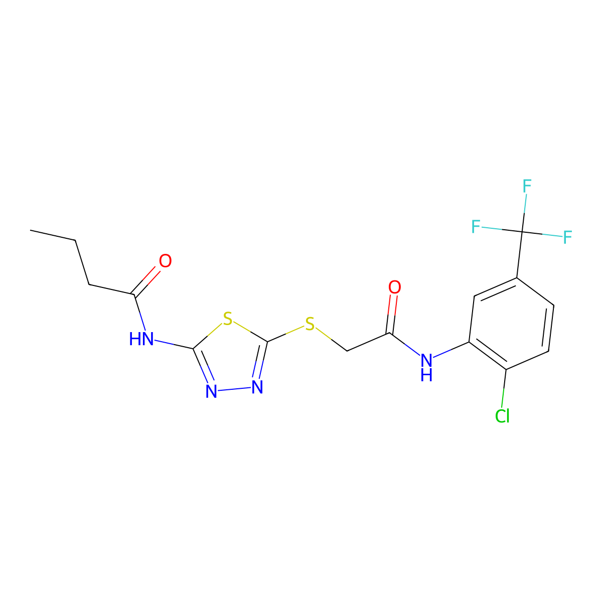 N-(5-((2-((2-chloro-5-(trifluoromethyl)phenyl)amino)-2-oxoethyl)thio)-1,3,4-thiadiazol-2-yl)butyramide molecular structure, CAS 392298-87-2