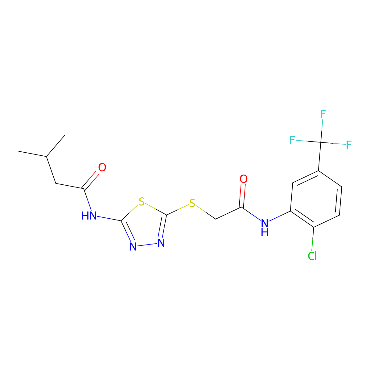 N-(5-((2-((2-chloro-5-(trifluoromethyl)phenyl)amino)-2-oxoethyl)thio)-1,3,4-thiadiazol-2-yl)-3-methylbutanamide molecular structure, CAS 392298-89-4