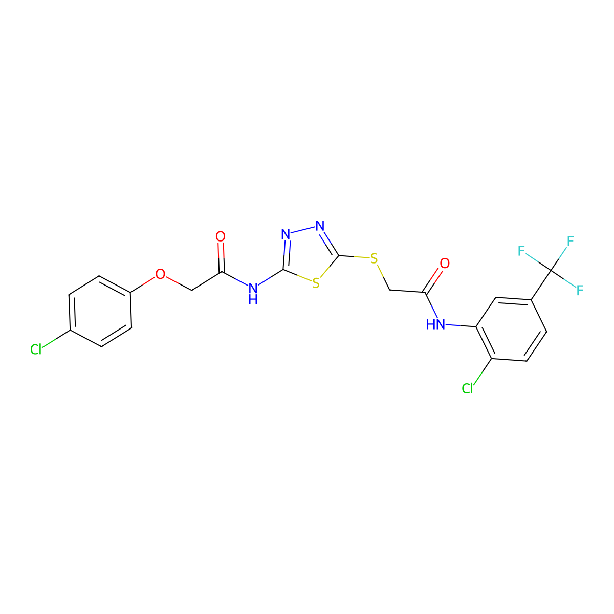 N-(2-chloro-5-(trifluoromethyl)phenyl)-2-((5-(2-(4-chlorophenoxy)acetamido)-1,3,4-thiadiazol-2-yl)thio)acetamide molecular structure, CAS 392298-90-7