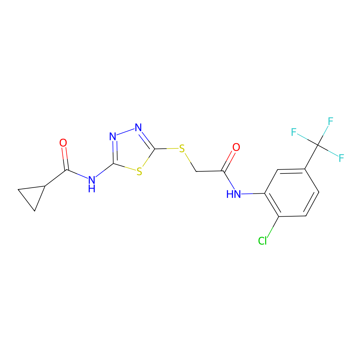 N-(5-((2-((2-chloro-5-(trifluoromethyl)phenyl)amino)-2-oxoethyl)thio)-1,3,4-thiadiazol-2-yl)cyclopropanecarboxamide molecular structure, CAS 392298-95-2