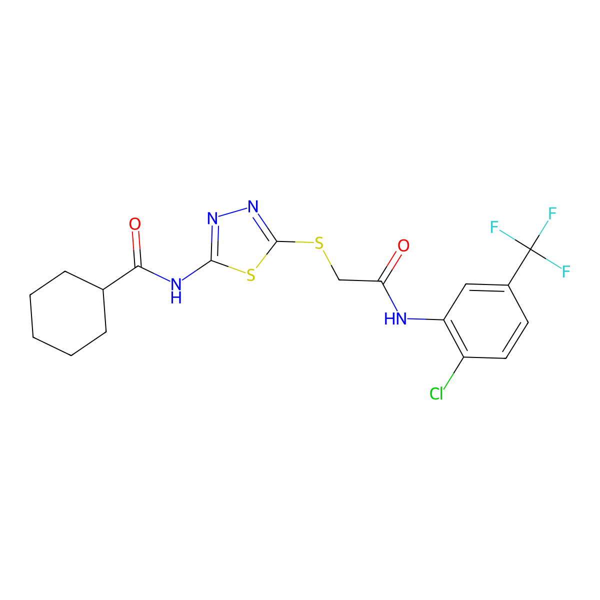 N-(5-((2-((2-chloro-5-(trifluoromethyl)phenyl)amino)-2-oxoethyl)thio)-1,3,4-thiadiazol-2-yl)cyclohexanecarboxamide molecular structure, CAS 392298-97-4