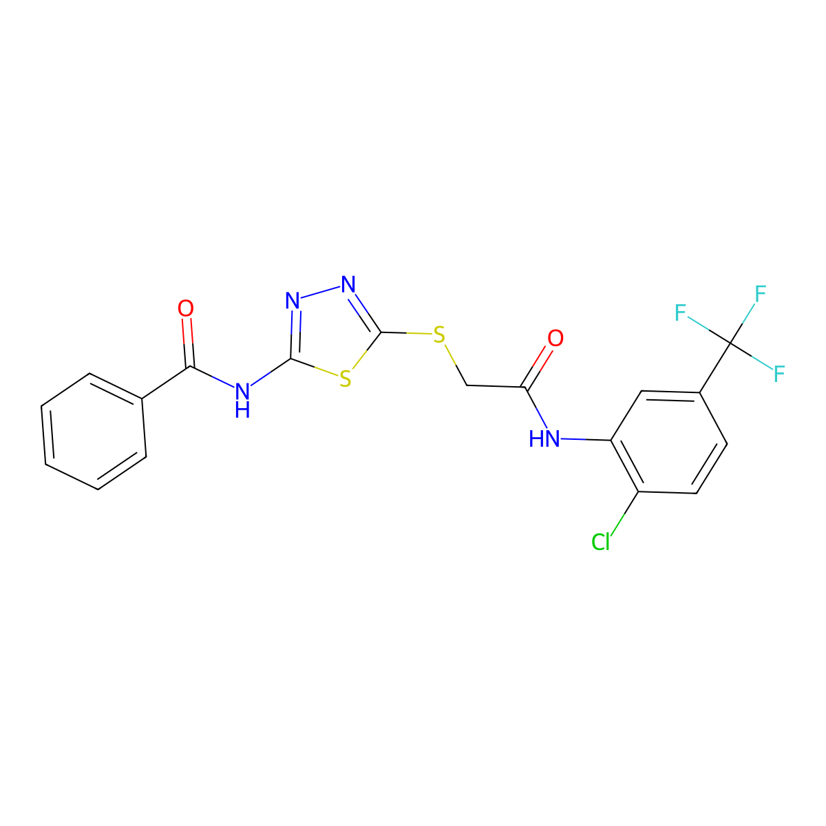 N-(5-((2-((2-chloro-5-(trifluoromethyl)phenyl)amino)-2-oxoethyl)thio)-1,3,4-thiadiazol-2-yl)benzamide molecular structure, CAS 392298-98-5