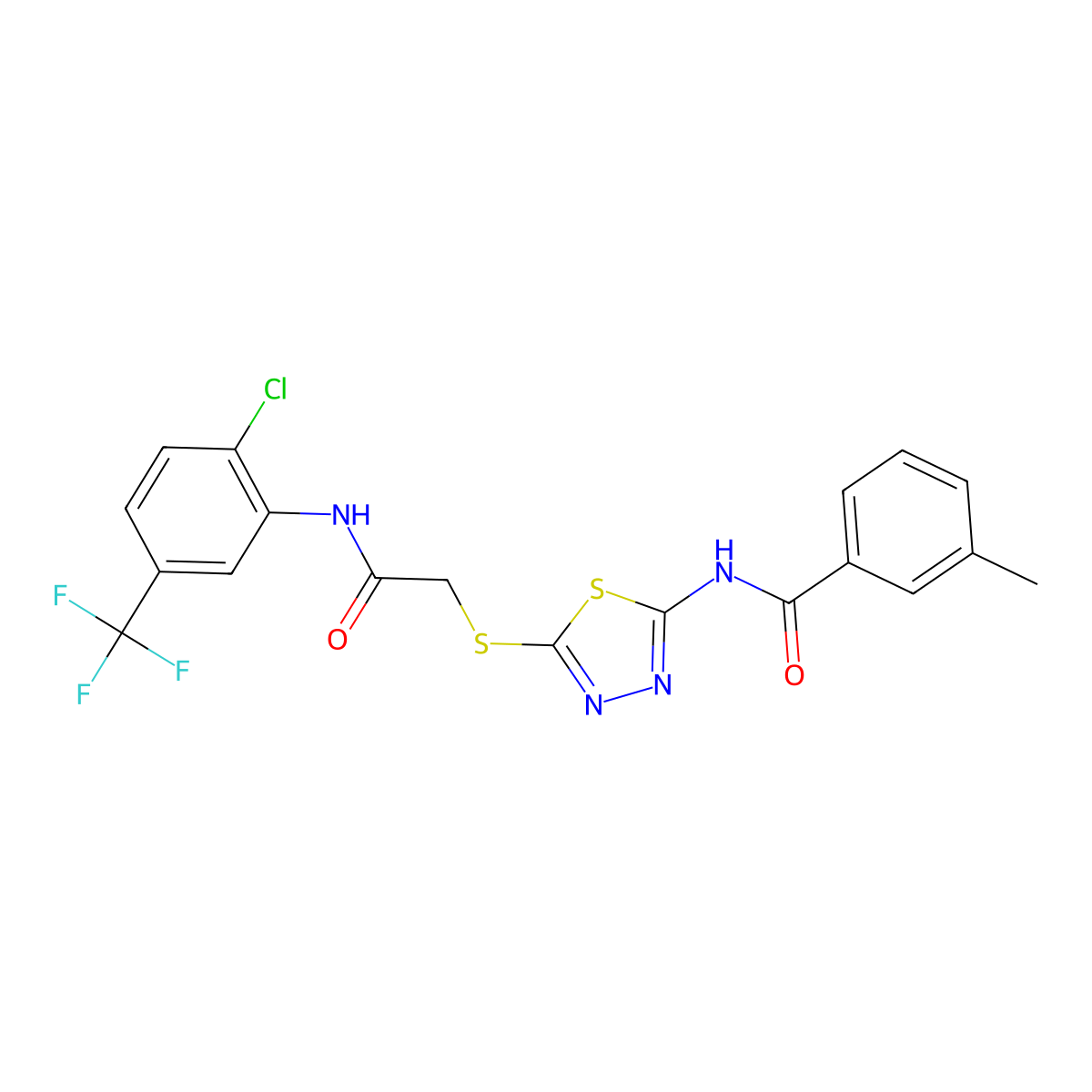 N-(5-((2-((2-chloro-5-(trifluoromethyl)phenyl)amino)-2-oxoethyl)thio)-1,3,4-thiadiazol-2-yl)-3-methylbenzamide molecular structure, CAS 392299-00-2