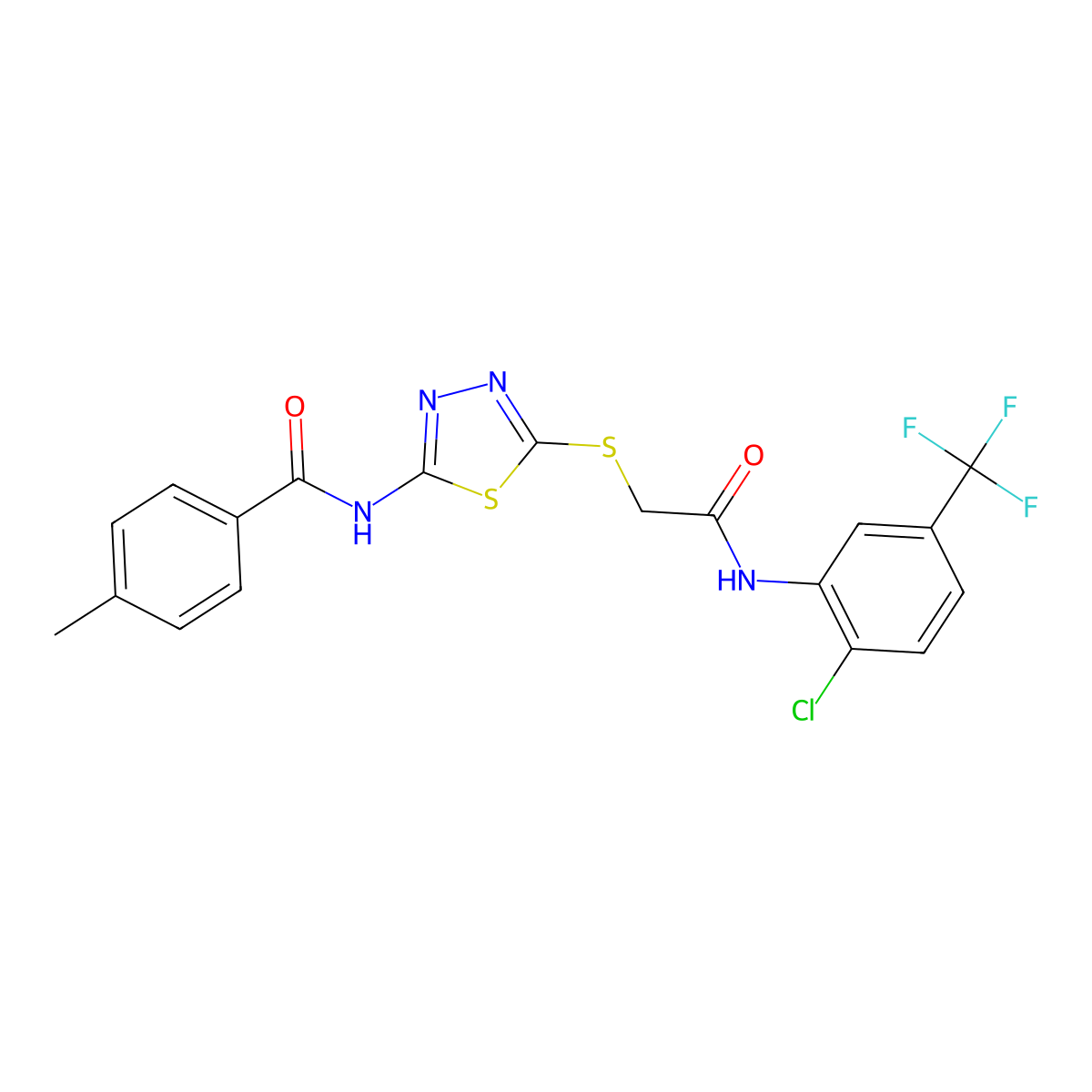 N-[5-[2-[2-chloro-5-(trifluoromethyl)anilino]-2-oxoethyl]sulfanyl-1,3,4-thiadiazol-2-yl]-4-methylbenzamide molecular structure, CAS 392299-01-3