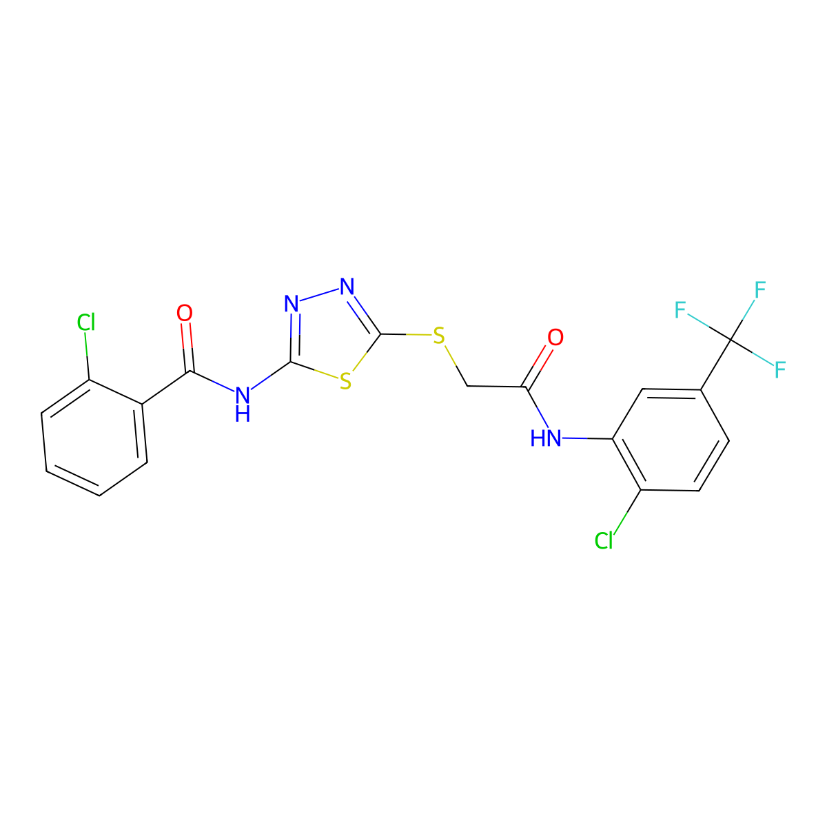 2-chloro-N-[5-[2-[2-chloro-5-(trifluoromethyl)anilino]-2-oxoethyl]sulfanyl-1,3,4-thiadiazol-2-yl]benzamide molecular structure, CAS 392299-04-6
