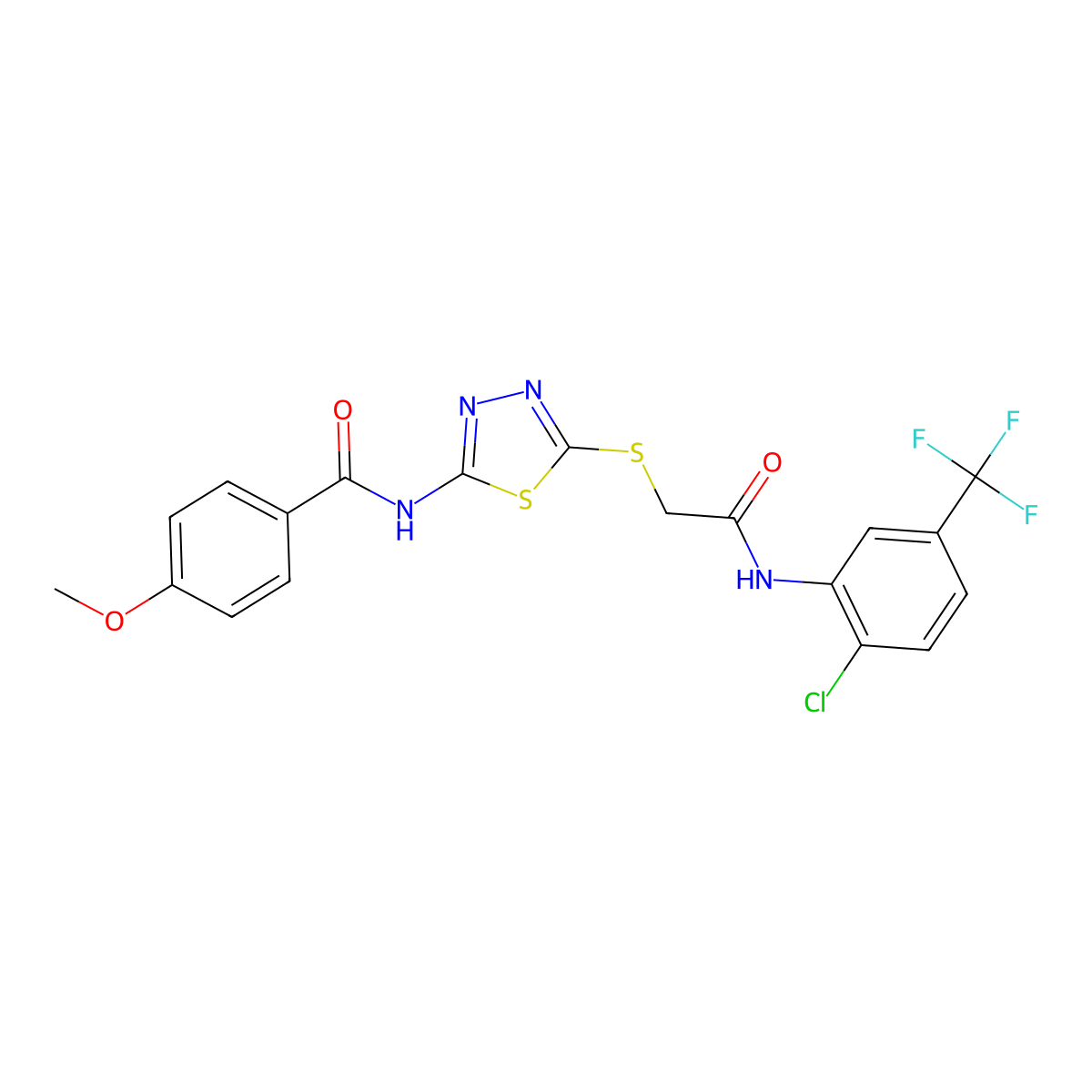 N-(5-((2-((2-chloro-5-(trifluoromethyl)phenyl)amino)-2-oxoethyl)thio)-1,3,4-thiadiazol-2-yl)-4-methoxybenzamide molecular structure, CAS 392299-07-9