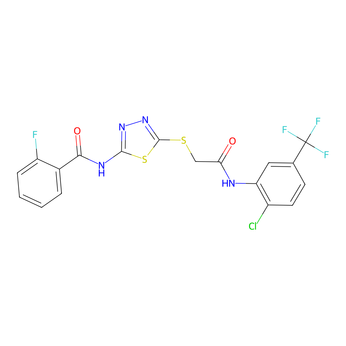 N-(5-((2-((2-chloro-5-(trifluoromethyl)phenyl)amino)-2-oxoethyl)thio)-1,3,4-thiadiazol-2-yl)-2-fluorobenzamide molecular structure, CAS 392299-11-5
