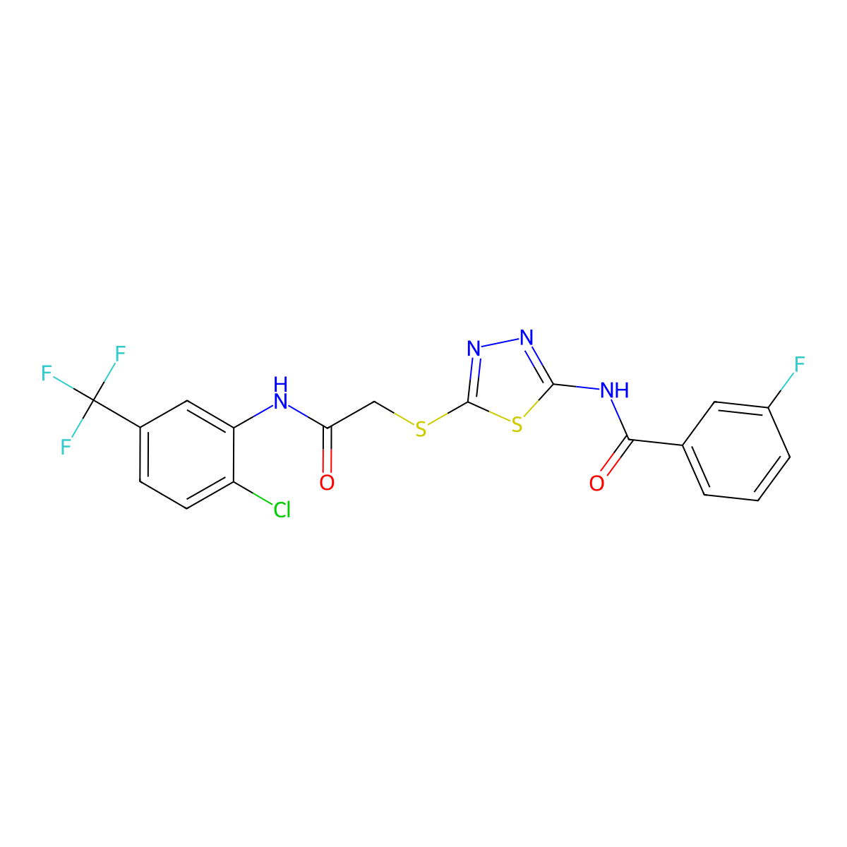 N-(5-((2-((2-chloro-5-(trifluoromethyl)phenyl)amino)-2-oxoethyl)thio)-1,3,4-thiadiazol-2-yl)-3-fluorobenzamide molecular structure, CAS 392299-12-6