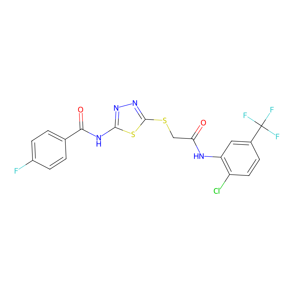 N-[5-[2-[2-chloro-5-(trifluoromethyl)anilino]-2-oxoethyl]sulfanyl-1,3,4-thiadiazol-2-yl]-4-fluorobenzamide molecular structure, CAS 392299-13-7