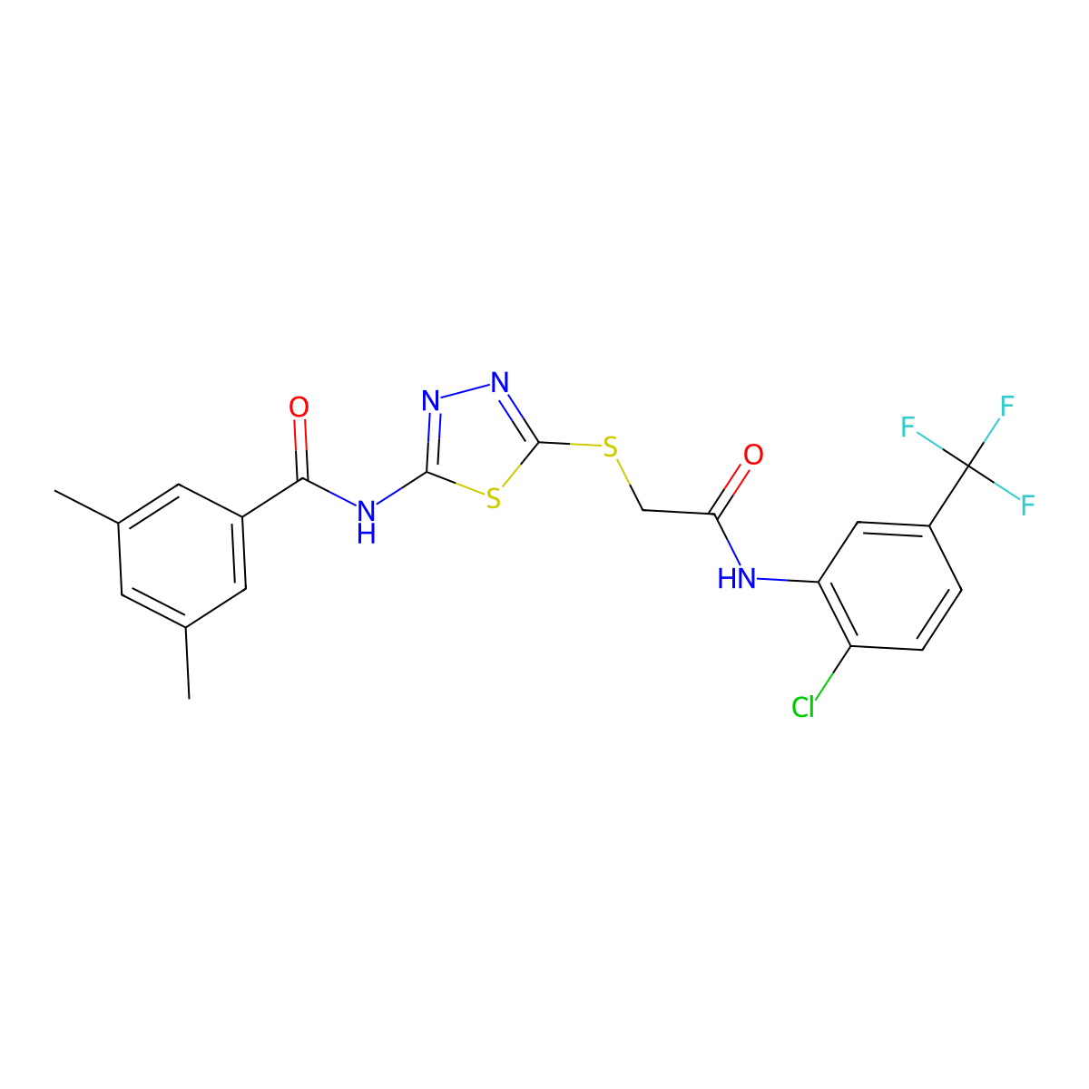 N-[5-[2-[2-chloro-5-(trifluoromethyl)anilino]-2-oxoethyl]sulfanyl-1,3,4-thiadiazol-2-yl]-3,5-dimethylbenzamide molecular structure, CAS 392299-20-6