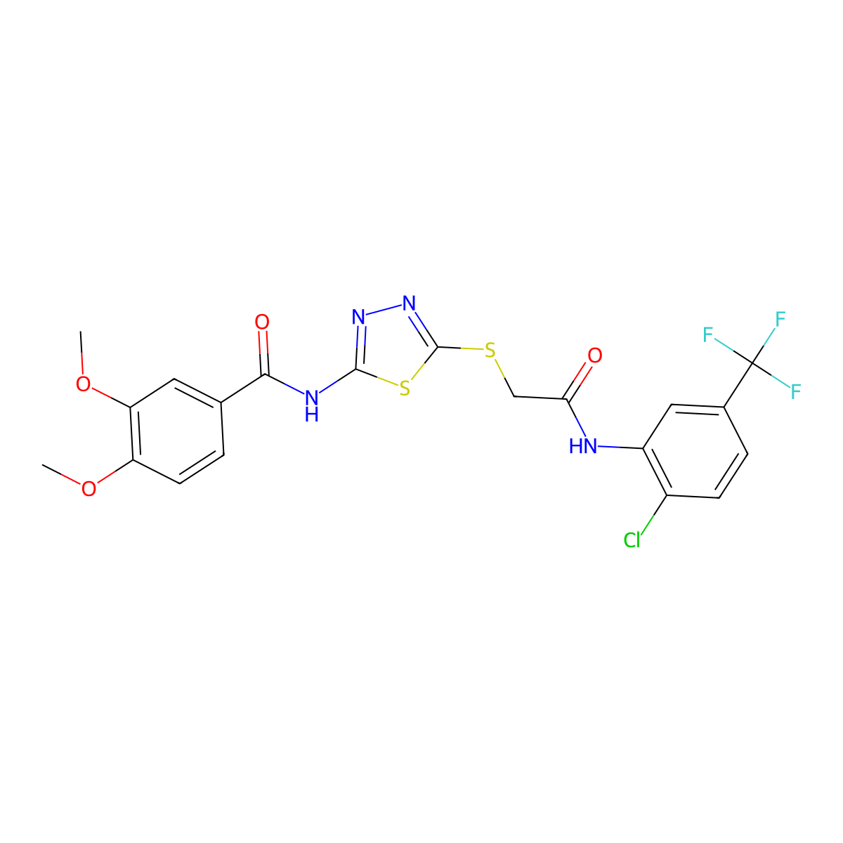 N-[5-[2-[2-chloro-5-(trifluoromethyl)anilino]-2-oxoethyl]sulfanyl-1,3,4-thiadiazol-2-yl]-3,4-dimethoxybenzamide molecular structure, CAS 392299-24-0