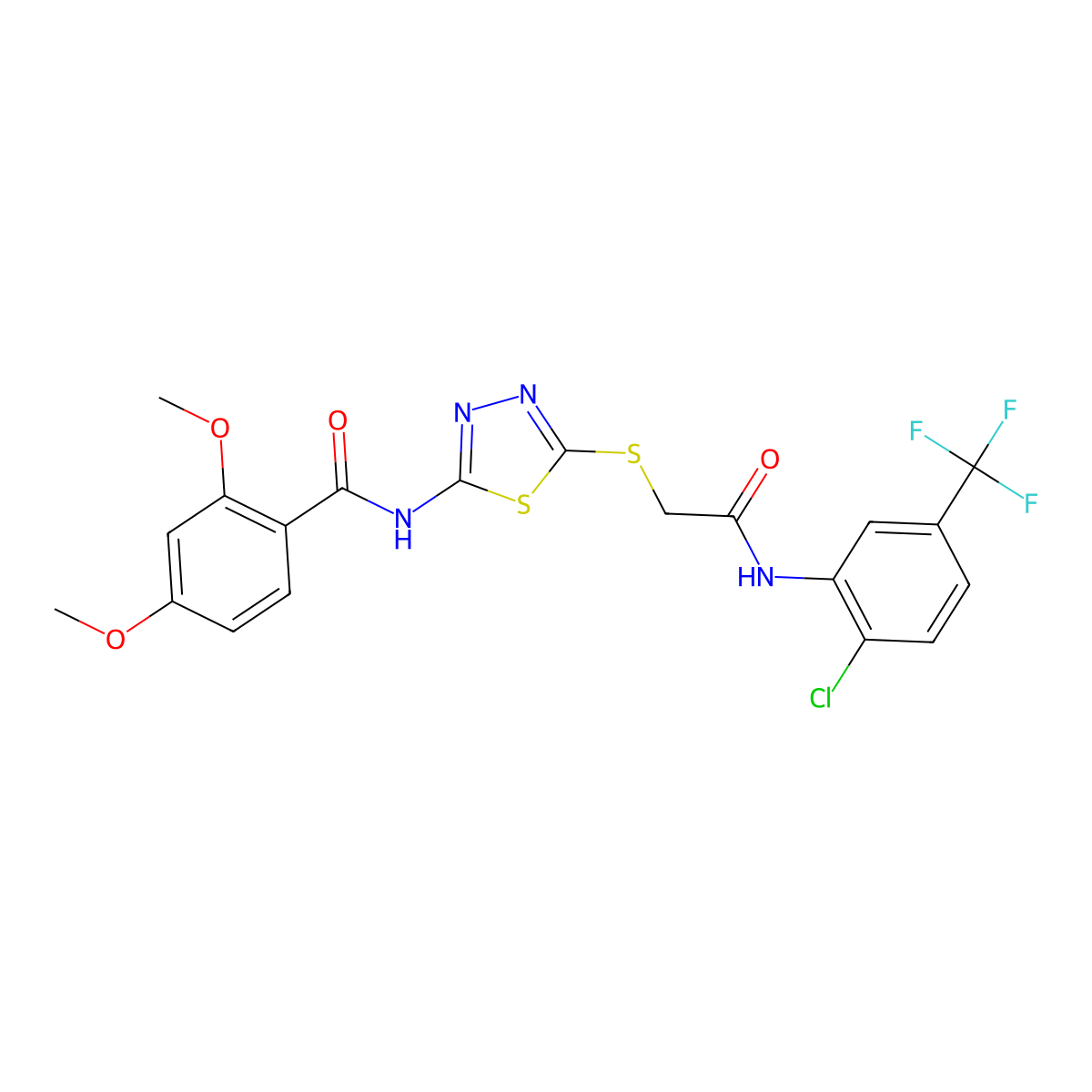 N-(5-((2-((2-chloro-5-(trifluoromethyl)phenyl)amino)-2-oxoethyl)thio)-1,3,4-thiadiazol-2-yl)-2,4-dimethoxybenzamide molecular structure, CAS 392299-25-1