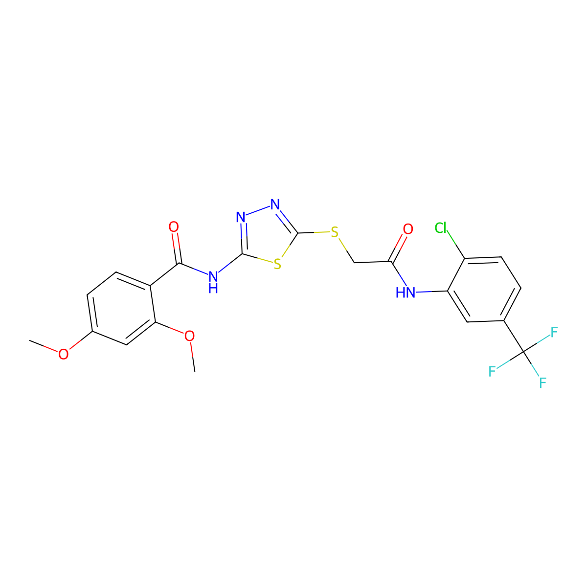 N-(5-((2-((2-chloro-5-(trifluoromethyl)phenyl)amino)-2-oxoethyl)thio)-1,3,4-thiadiazol-2-yl)-2,4-dimethoxybenzamide molecular structure, CAS 392299-25-1