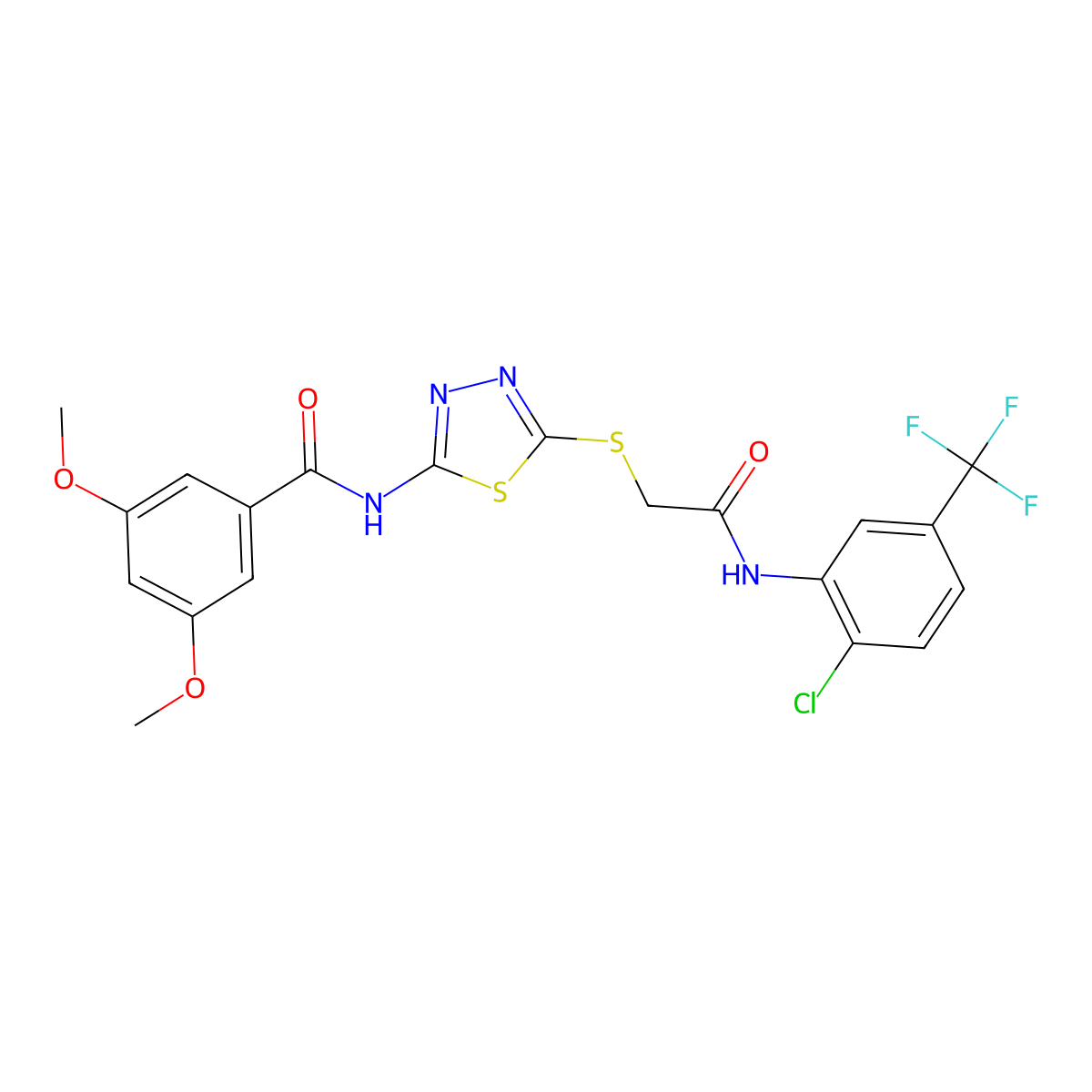 N-(5-((2-((2-chloro-5-(trifluoromethyl)phenyl)amino)-2-oxoethyl)thio)-1,3,4-thiadiazol-2-yl)-3,5-dimethoxybenzamide molecular structure, CAS 392299-26-2