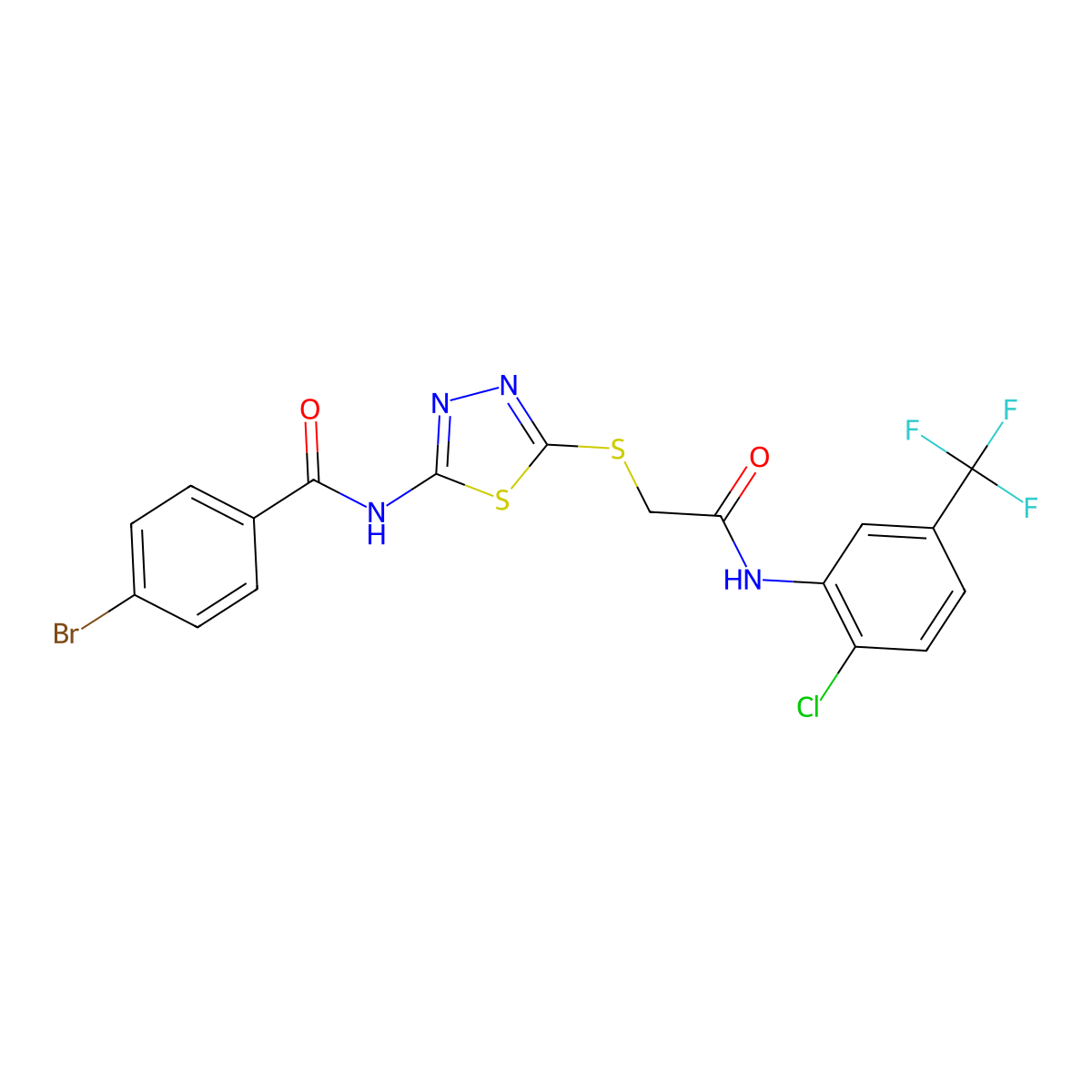 4-bromo-N-(5-((2-((2-chloro-5-(trifluoromethyl)phenyl)amino)-2-oxoethyl)thio)-1,3,4-thiadiazol-2-yl)benzamide molecular structure, CAS 392299-29-5