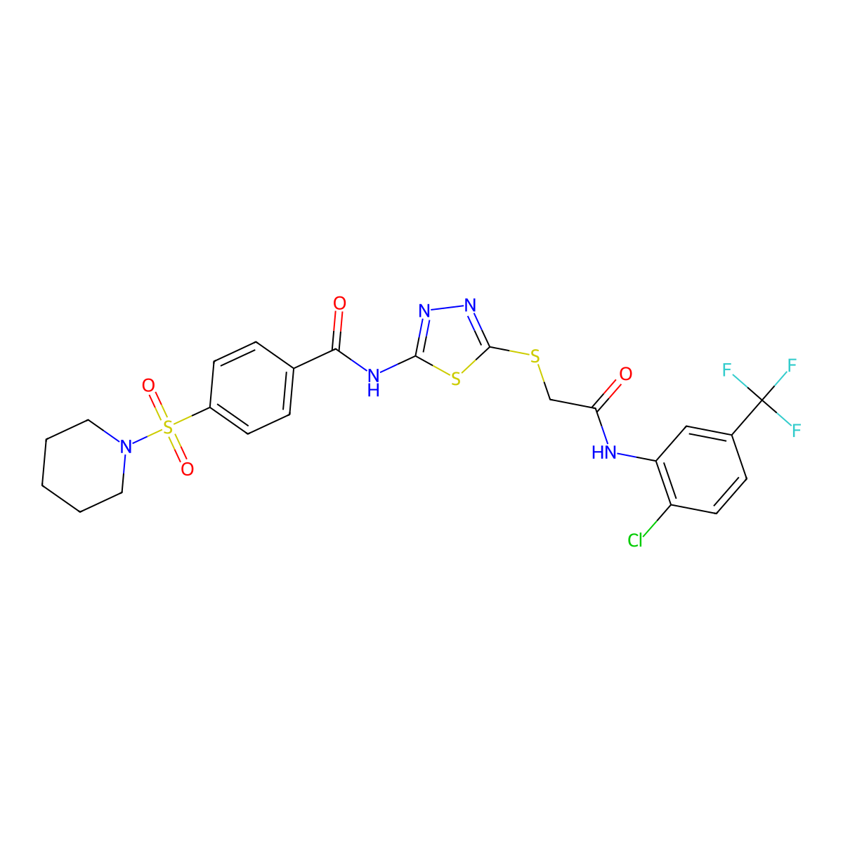 N-[5-[2-[2-chloro-5-(trifluoromethyl)anilino]-2-oxoethyl]sulfanyl-1,3,4-thiadiazol-2-yl]-4-piperidin-1-ylsulfonylbenzamide molecular structure, CAS 392299-32-0