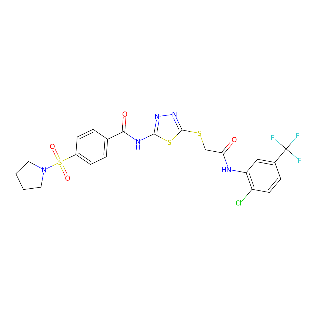 N-[5-[2-[2-chloro-5-(trifluoromethyl)anilino]-2-oxoethyl]sulfanyl-1,3,4-thiadiazol-2-yl]-4-pyrrolidin-1-ylsulfonylbenzamide molecular structure, CAS 392299-34-2