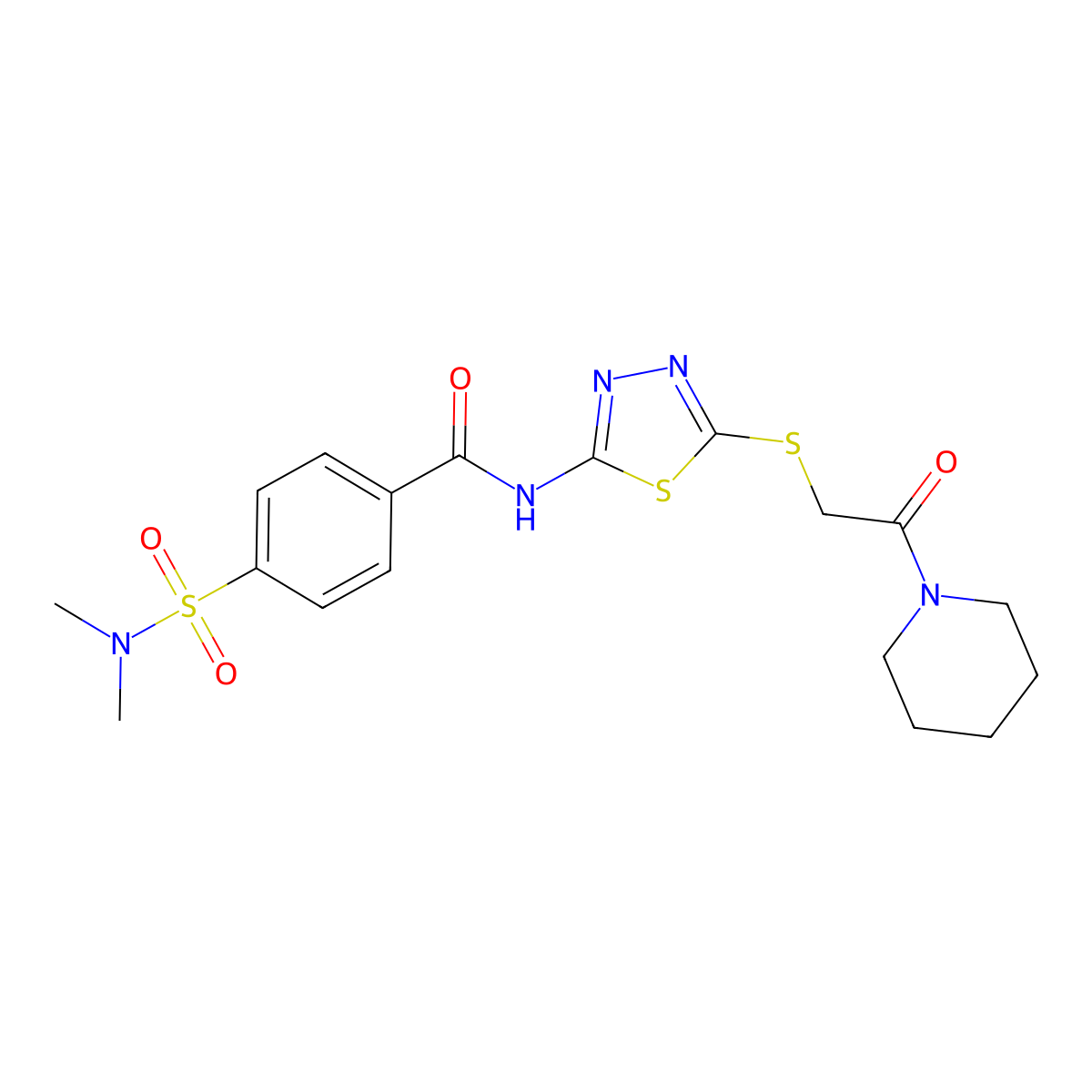 4-(N,N-dimethylsulfamoyl)-N-(5-((2-oxo-2-(piperidin-1-yl)ethyl)thio)-1,3,4-thiadiazol-2-yl)benzamide molecular structure, CAS 392299-41-1