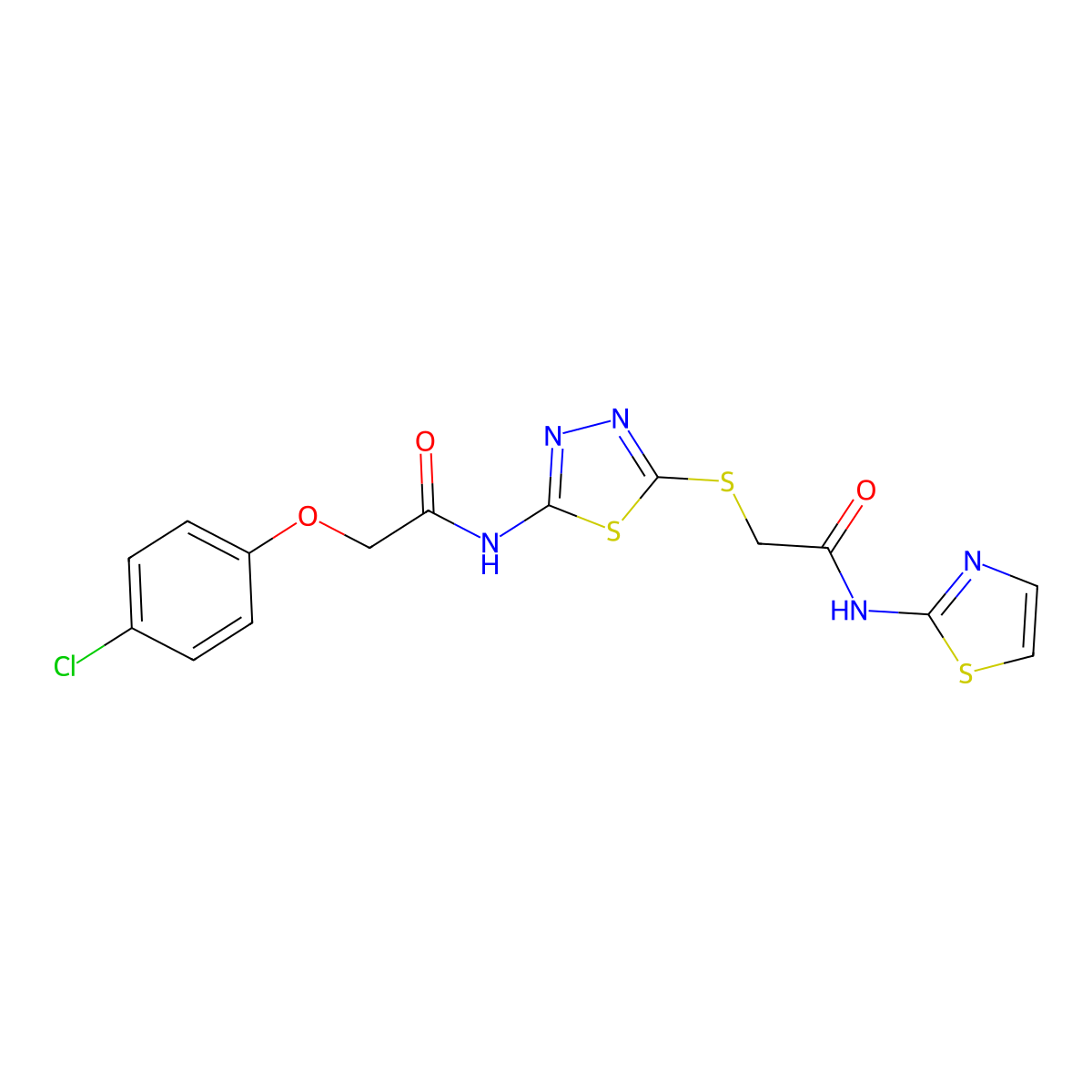 2-(4-chlorophenoxy)-N-(5-((2-oxo-2-(thiazol-2-ylamino)ethyl)thio)-1,3,4-thiadiazol-2-yl)acetamide molecular structure, CAS 392299-53-5