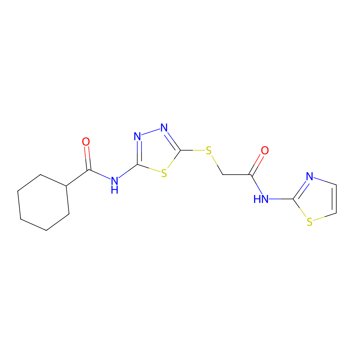 N-(5-((2-oxo-2-(thiazol-2-ylamino)ethyl)thio)-1,3,4-thiadiazol-2-yl)cyclohexanecarboxamide molecular structure, CAS 392299-57-9