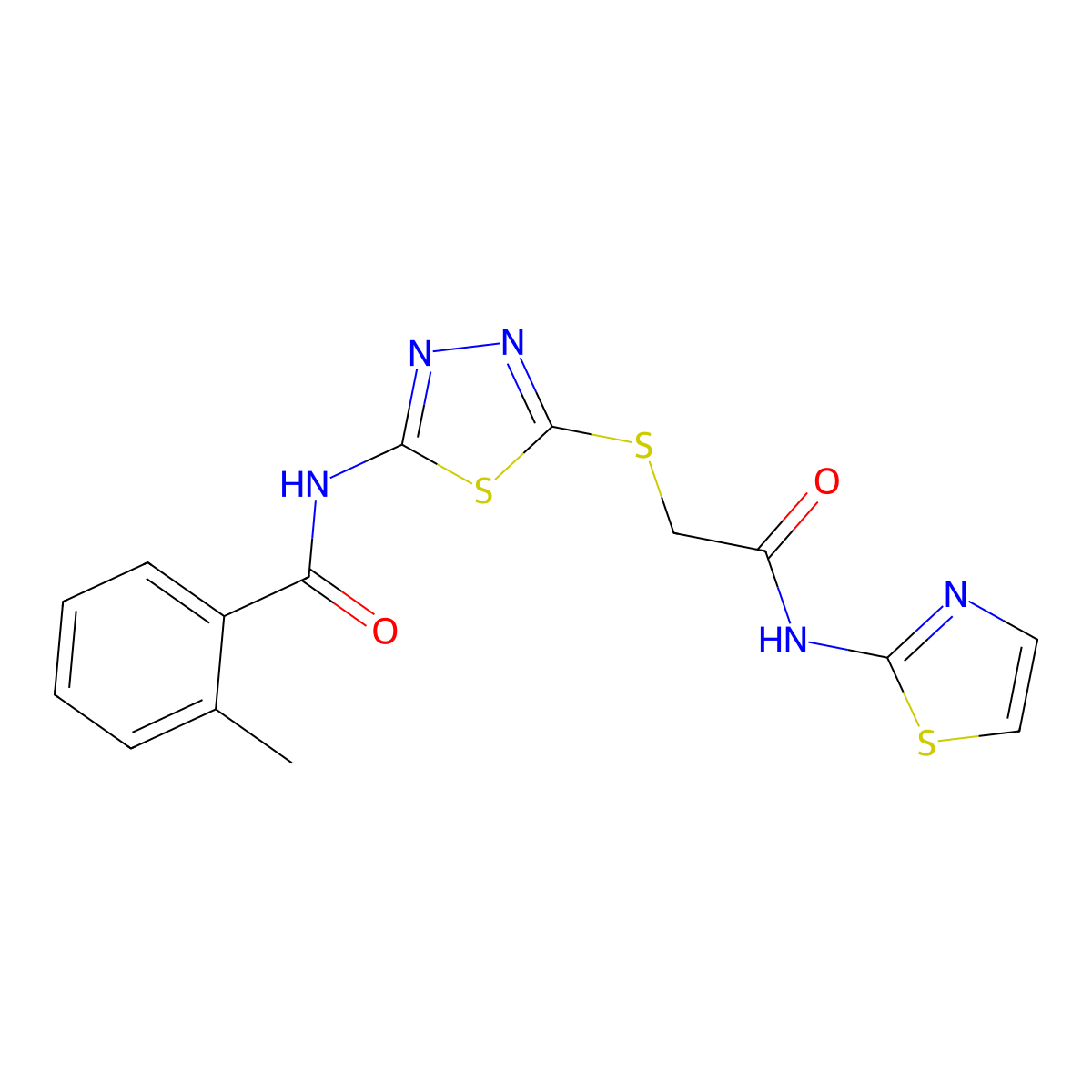 2-methyl-N-(5-((2-oxo-2-(thiazol-2-ylamino)ethyl)thio)-1,3,4-thiadiazol-2-yl)benzamide molecular structure, CAS 392299-58-0