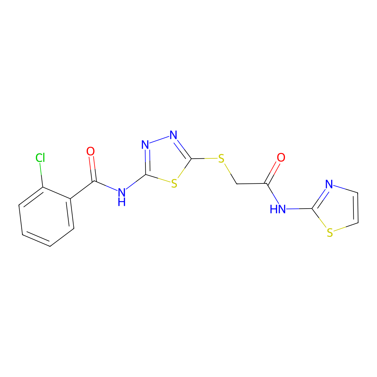 2-chloro-N-(5-((2-oxo-2-(thiazol-2-ylamino)ethyl)thio)-1,3,4-thiadiazol-2-yl)benzamide molecular structure, CAS 392299-62-6