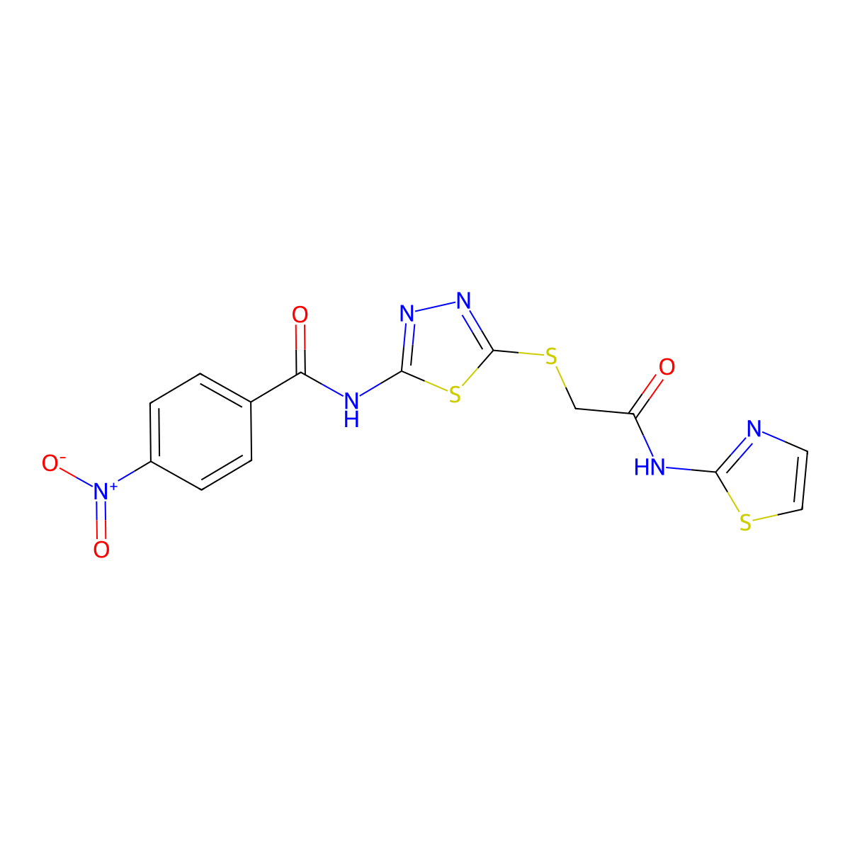 4-nitro-N-(5-((2-oxo-2-(thiazol-2-ylamino)ethyl)thio)-1,3,4-thiadiazol-2-yl)benzamide molecular structure, CAS 392299-67-1