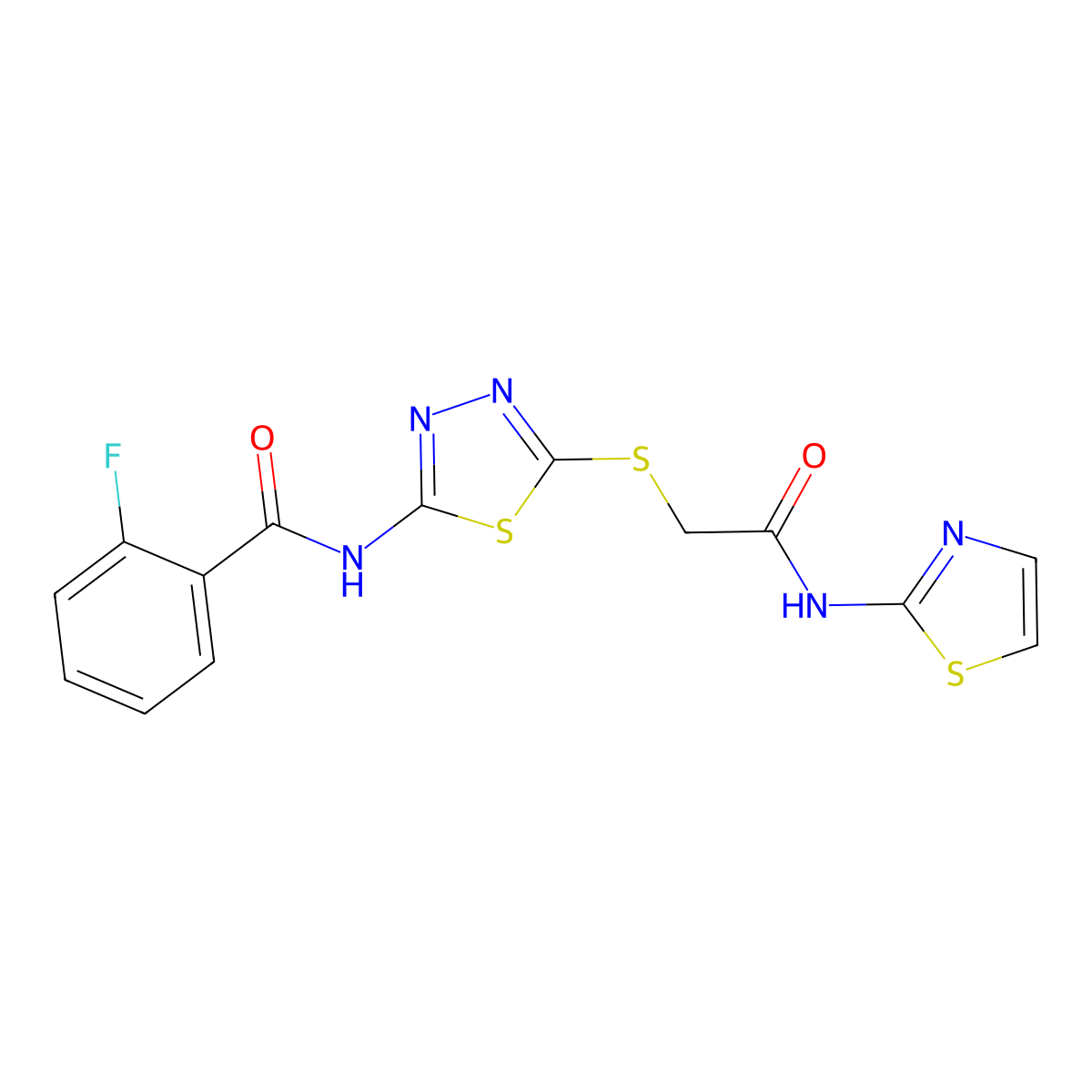 2-fluoro-N-(5-((2-oxo-2-(thiazol-2-ylamino)ethyl)thio)-1,3,4-thiadiazol-2-yl)benzamide molecular structure, CAS 392299-68-2