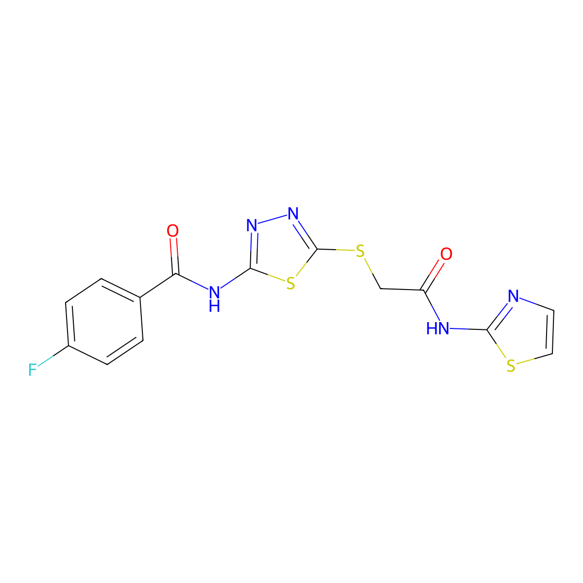4-fluoro-N-(5-((2-oxo-2-(thiazol-2-ylamino)ethyl)thio)-1,3,4-thiadiazol-2-yl)benzamide molecular structure, CAS 392299-70-6