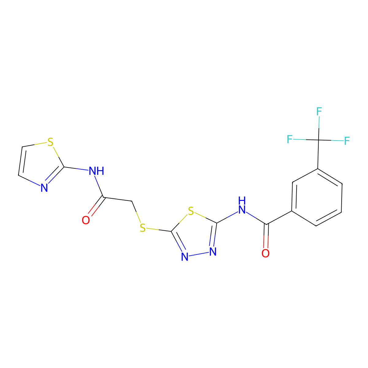 N-(5-((2-oxo-2-(thiazol-2-ylamino)ethyl)thio)-1,3,4-thiadiazol-2-yl)-3-(trifluoromethyl)benzamide molecular structure, CAS 392299-71-7