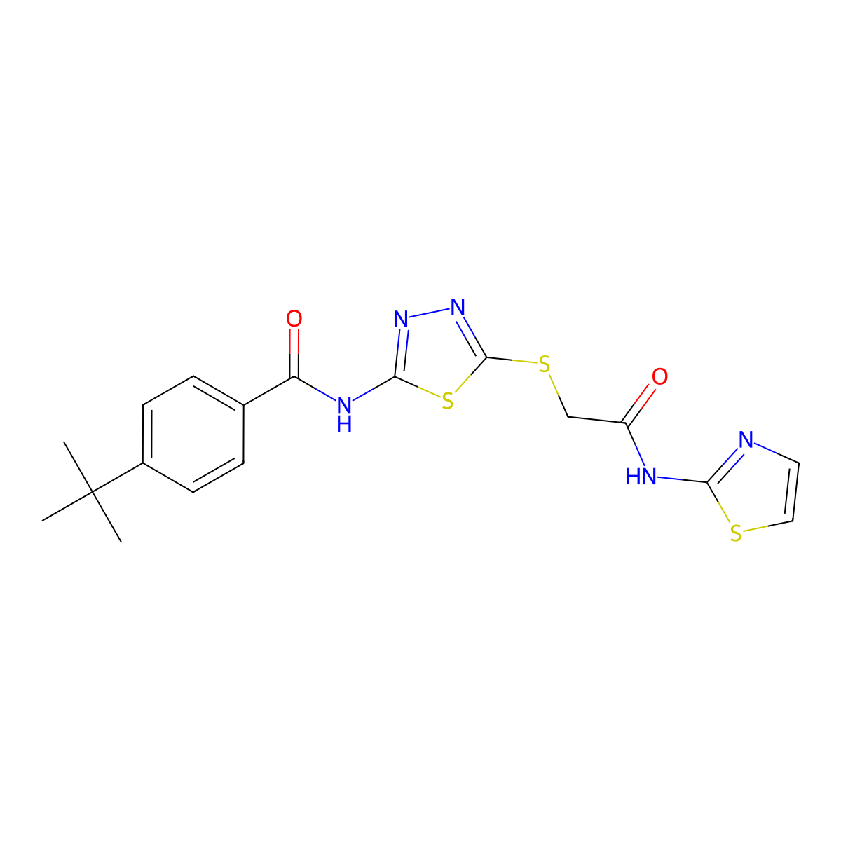 4-(tert-butyl)-N-(5-((2-oxo-2-(thiazol-2-ylamino)ethyl)thio)-1,3,4-thiadiazol-2-yl)benzamide molecular structure, CAS 392299-72-8