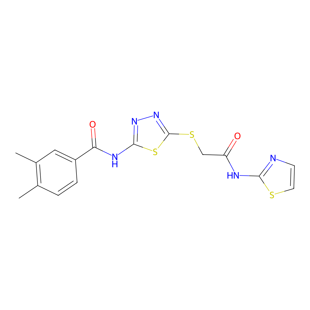 3,4-dimethyl-N-(5-((2-oxo-2-(thiazol-2-ylamino)ethyl)thio)-1,3,4-thiadiazol-2-yl)benzamide molecular structure, CAS 392299-75-1