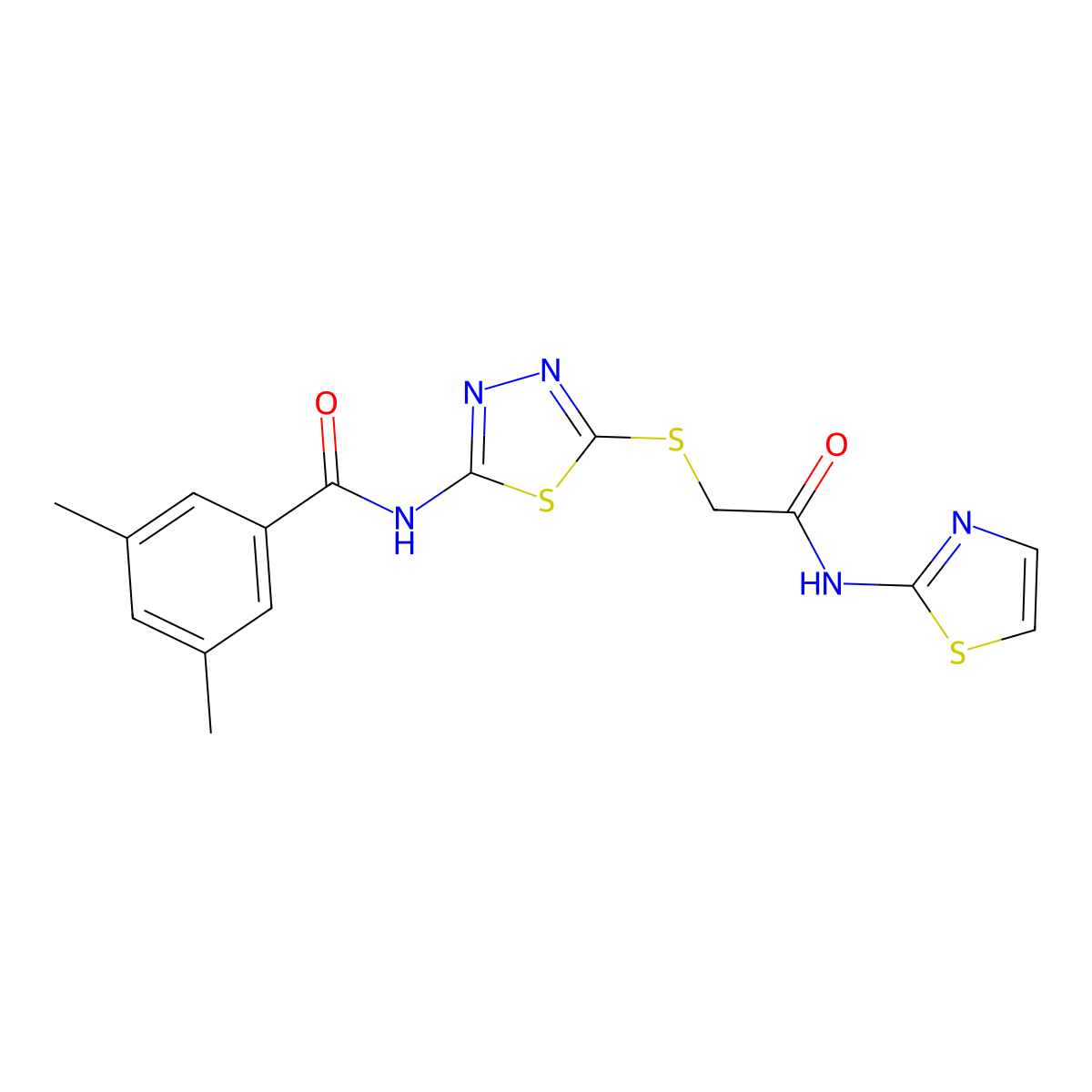 3,5-dimethyl-N-(5-((2-oxo-2-(thiazol-2-ylamino)ethyl)thio)-1,3,4-thiadiazol-2-yl)benzamide molecular structure, CAS 392299-76-2