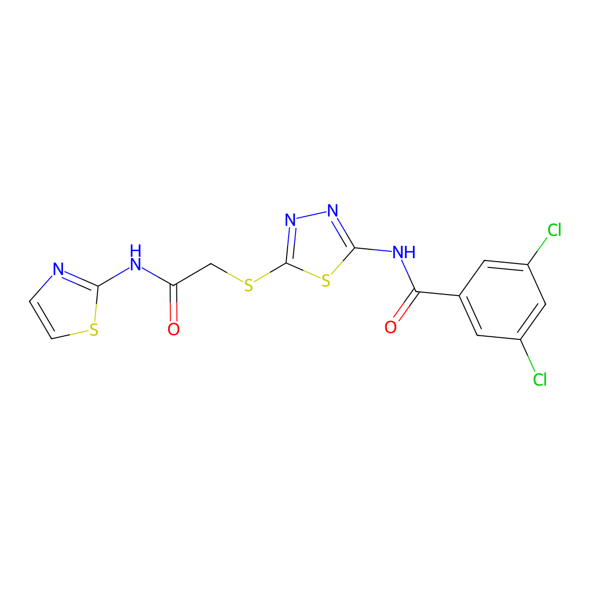 3,5-dichloro-N-(5-((2-oxo-2-(thiazol-2-ylamino)ethyl)thio)-1,3,4-thiadiazol-2-yl)benzamide molecular structure, CAS 392299-77-3