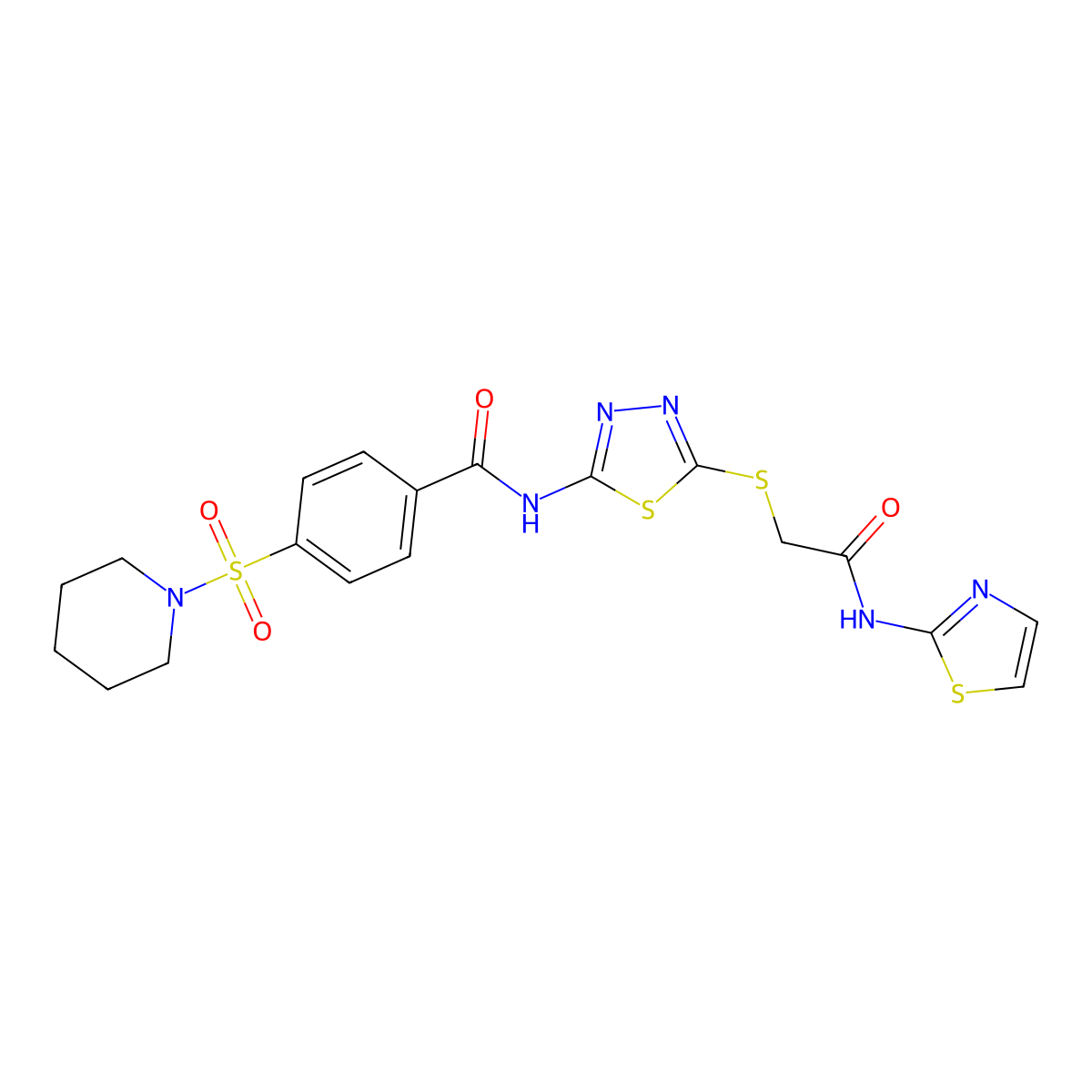 N-(5-((2-oxo-2-(thiazol-2-ylamino)ethyl)thio)-1,3,4-thiadiazol-2-yl)-4-(piperidin-1-ylsulfonyl)benzamide molecular structure, CAS 392299-86-4