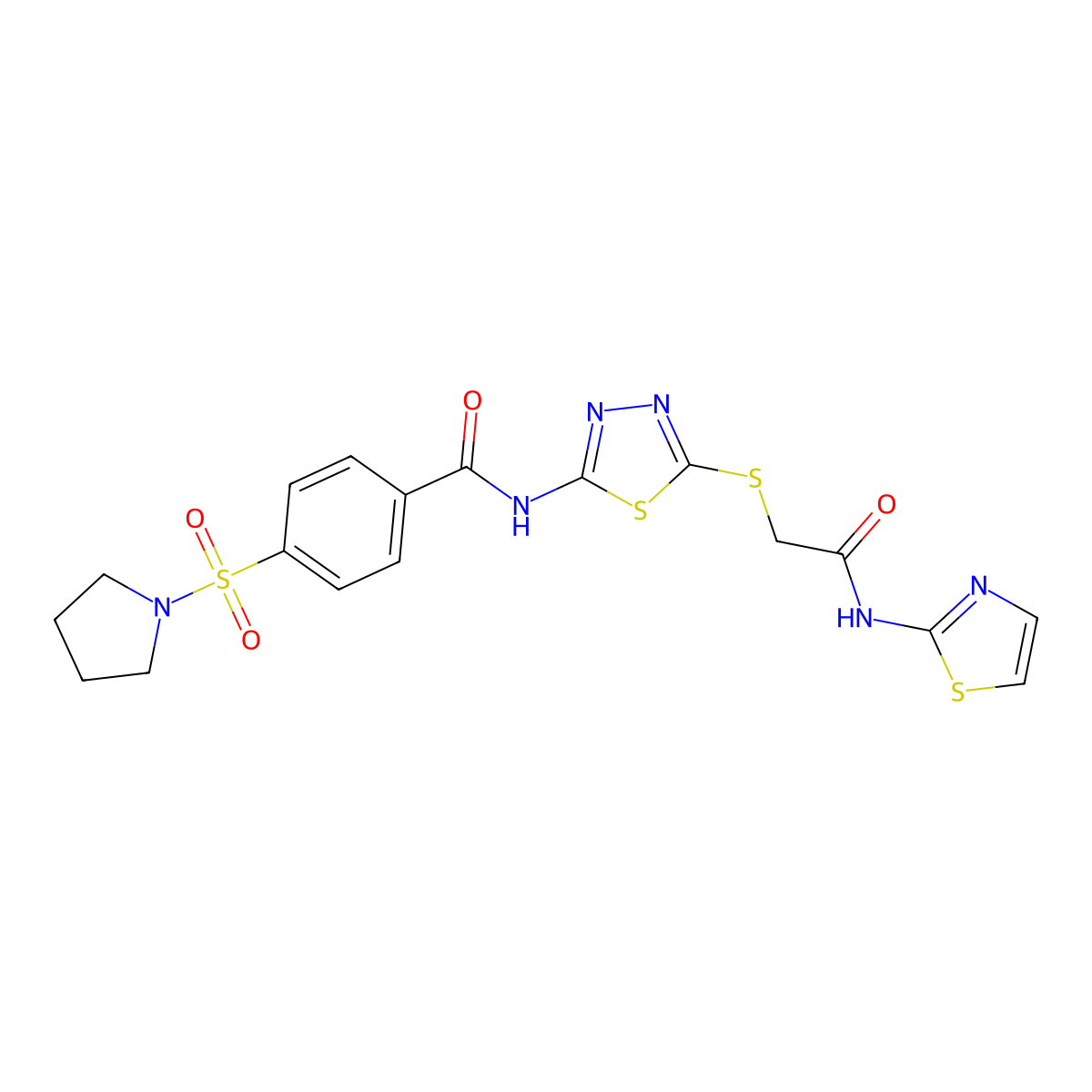 N-(5-((2-oxo-2-(thiazol-2-ylamino)ethyl)thio)-1,3,4-thiadiazol-2-yl)-4-(pyrrolidin-1-ylsulfonyl)benzamide molecular structure, CAS 392299-87-5
