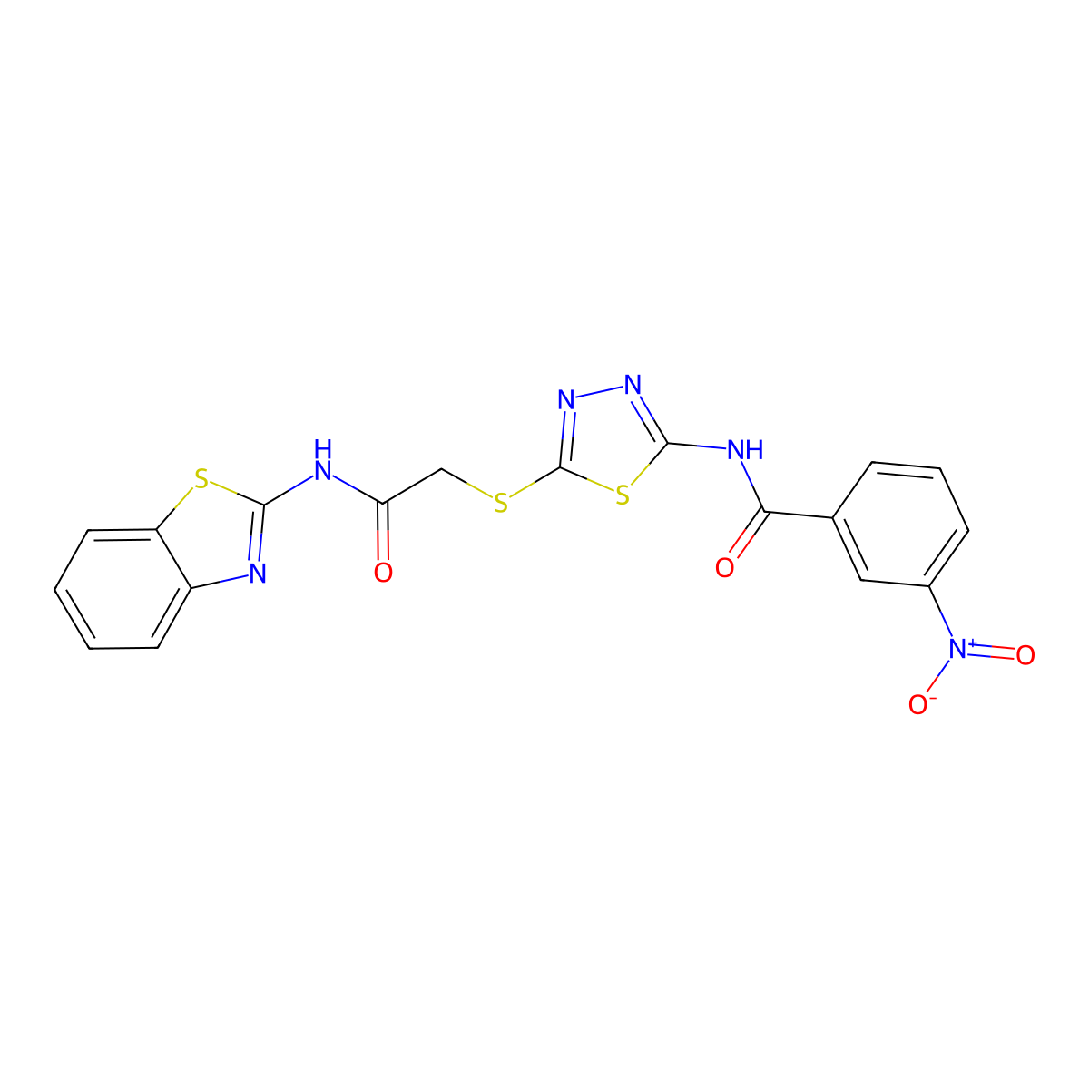 N-(5-((2-(benzo[d]thiazol-2-ylamino)-2-oxoethyl)thio)-1,3,4-thiadiazol-2-yl)-3-nitrobenzamide molecular structure, CAS 392299-91-1