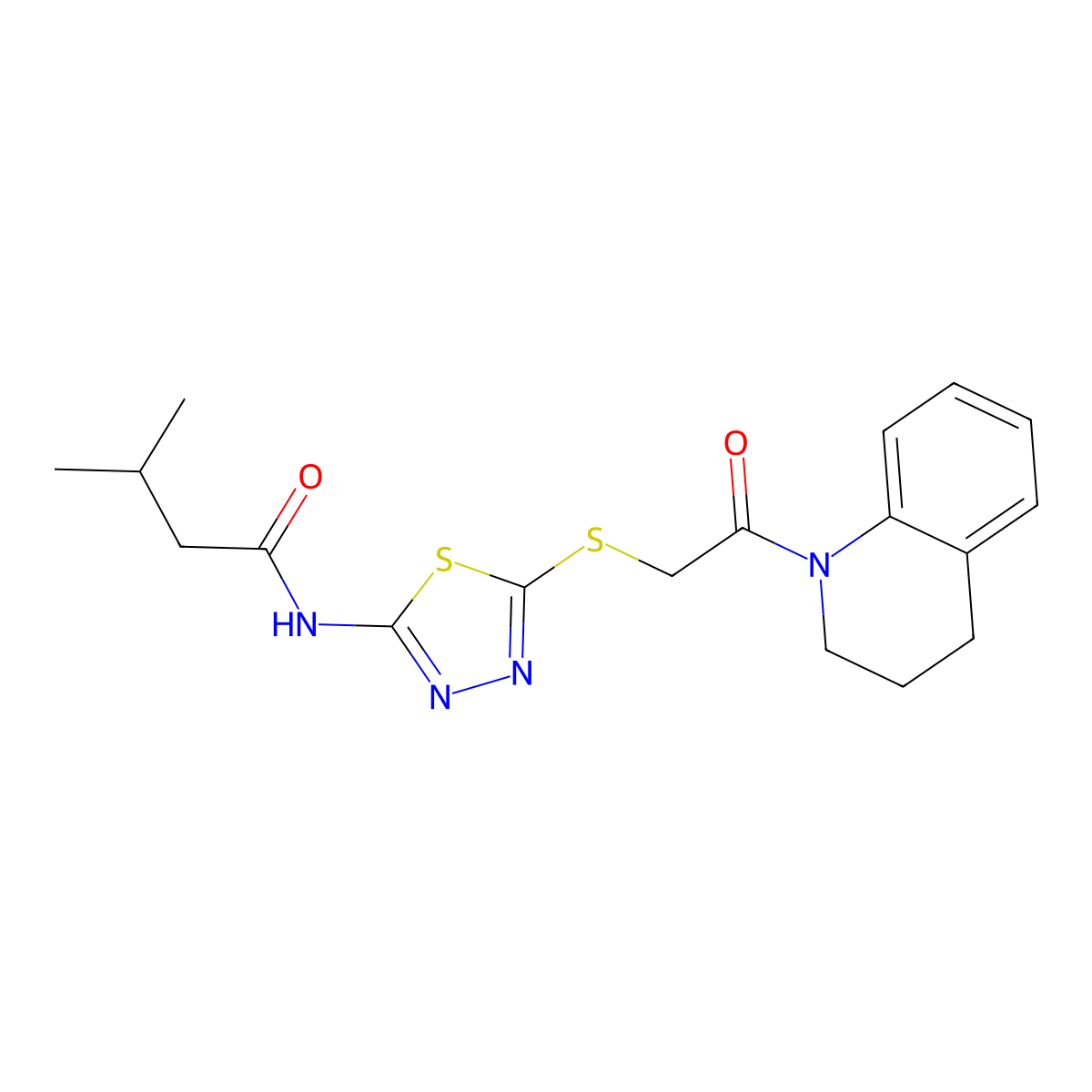 N-(5-((2-(3,4-dihydroquinolin-1(2H)-yl)-2-oxoethyl)thio)-1,3,4-thiadiazol-2-yl)-3-methylbutanamide molecular structure, CAS 392299-99-9
