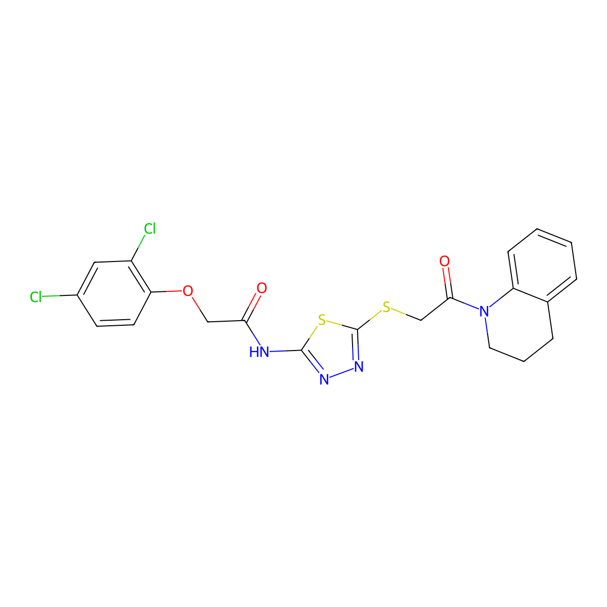 2-(2,4-dichlorophenoxy)-N-(5-((2-(3,4-dihydroquinolin-1(2H)-yl)-2-oxoethyl)thio)-1,3,4-thiadiazol-2-yl)acetamide molecular structure, CAS 392300-02-6