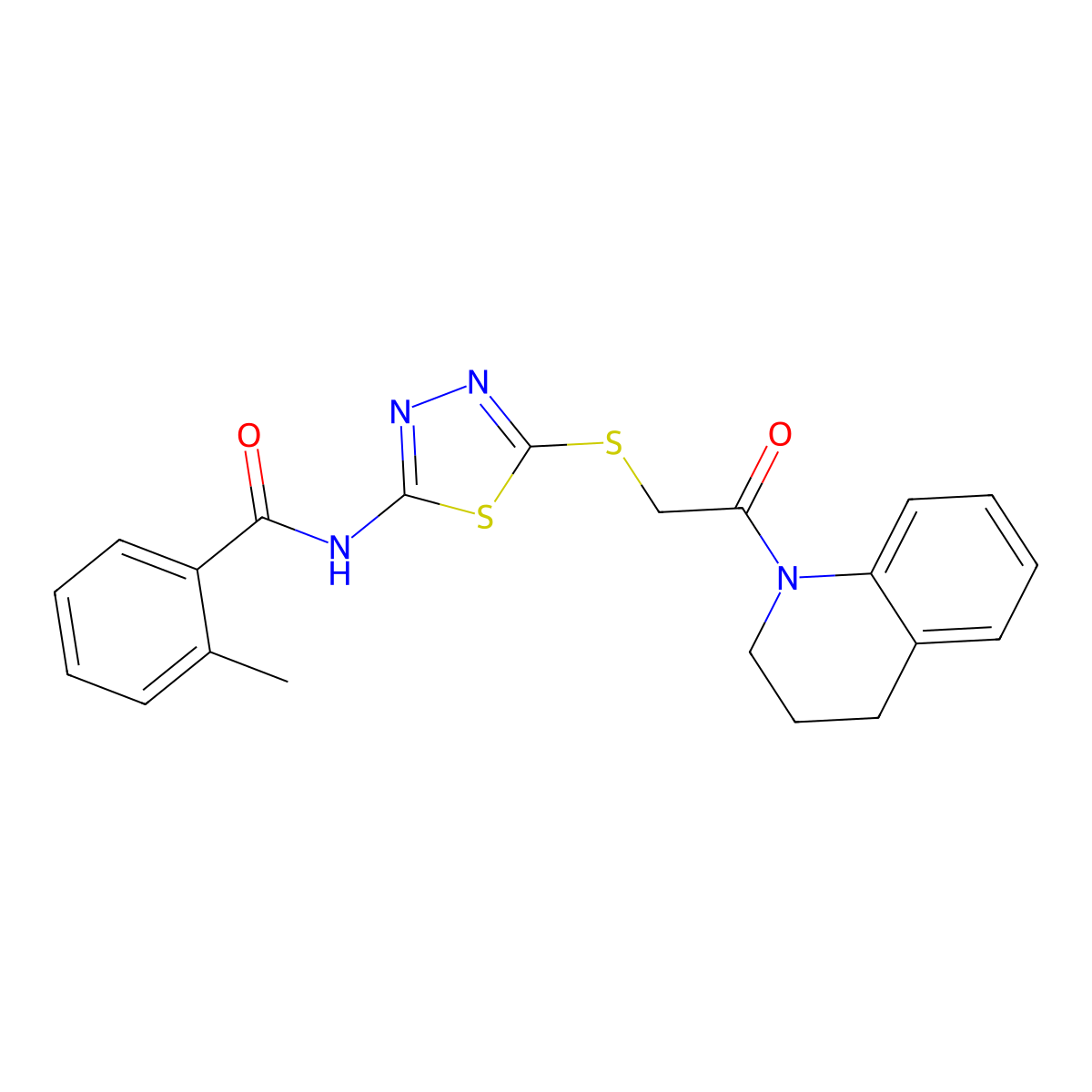 N-(5-((2-(3,4-dihydroquinolin-1(2H)-yl)-2-oxoethyl)thio)-1,3,4-thiadiazol-2-yl)-2-methylbenzamide molecular structure, CAS 392300-11-7