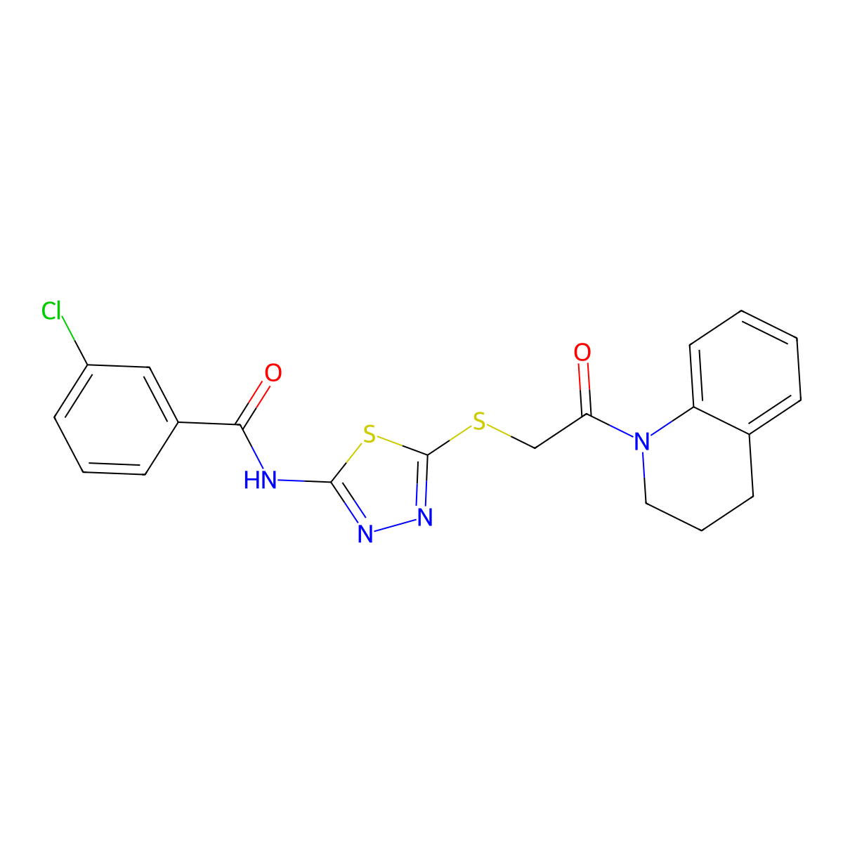 3-chloro-N-(5-((2-(3,4-dihydroquinolin-1(2H)-yl)-2-oxoethyl)thio)-1,3,4-thiadiazol-2-yl)benzamide molecular structure, CAS 392300-15-1