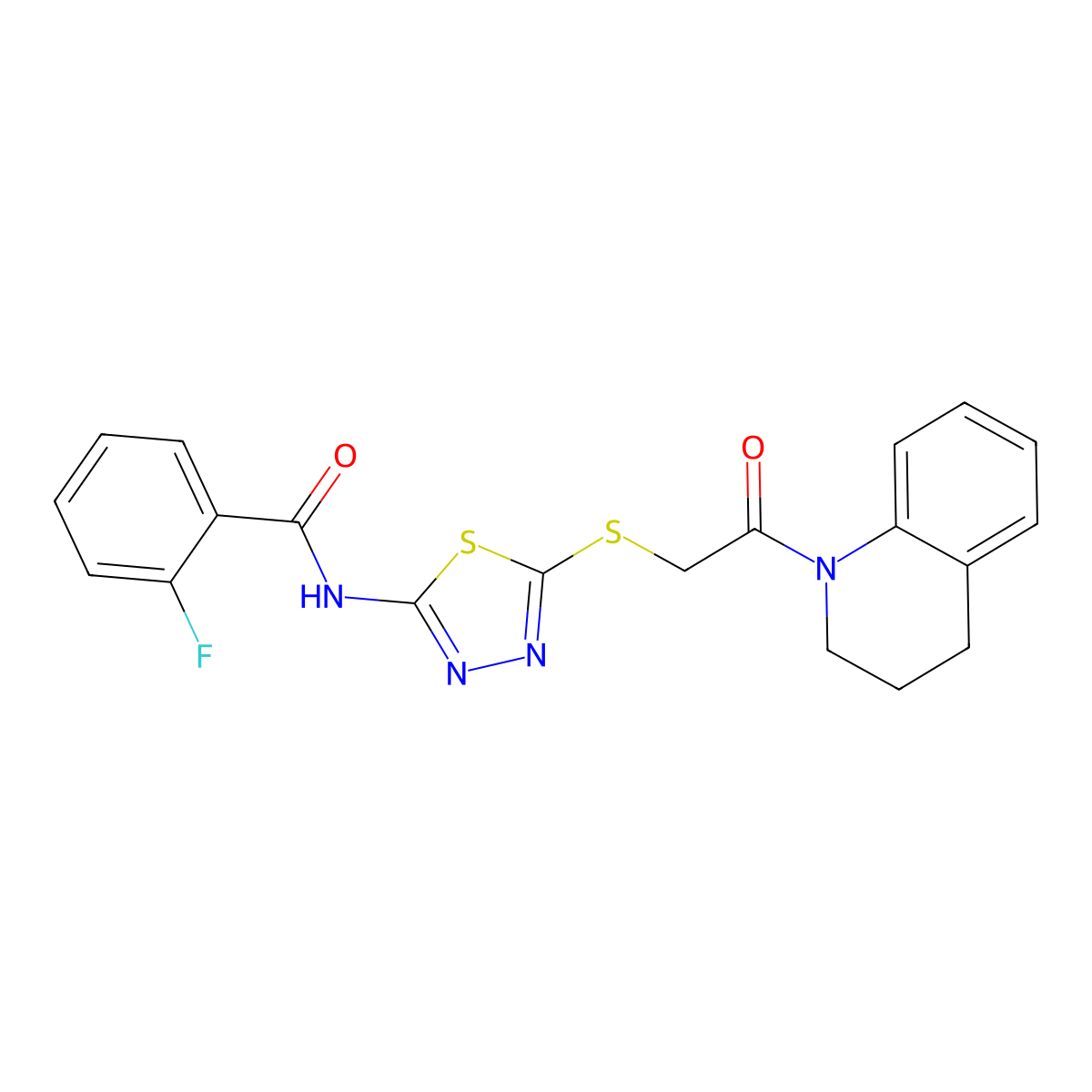 N-(5-((2-(3,4-dihydroquinolin-1(2H)-yl)-2-oxoethyl)thio)-1,3,4-thiadiazol-2-yl)-2-fluorobenzamide molecular structure, CAS 392300-23-1