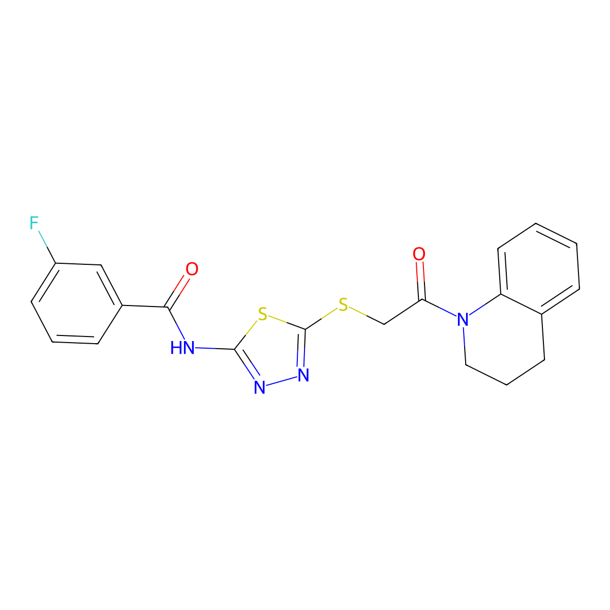 N-(5-((2-(3,4-dihydroquinolin-1(2H)-yl)-2-oxoethyl)thio)-1,3,4-thiadiazol-2-yl)-3-fluorobenzamide molecular structure, CAS 392300-24-2